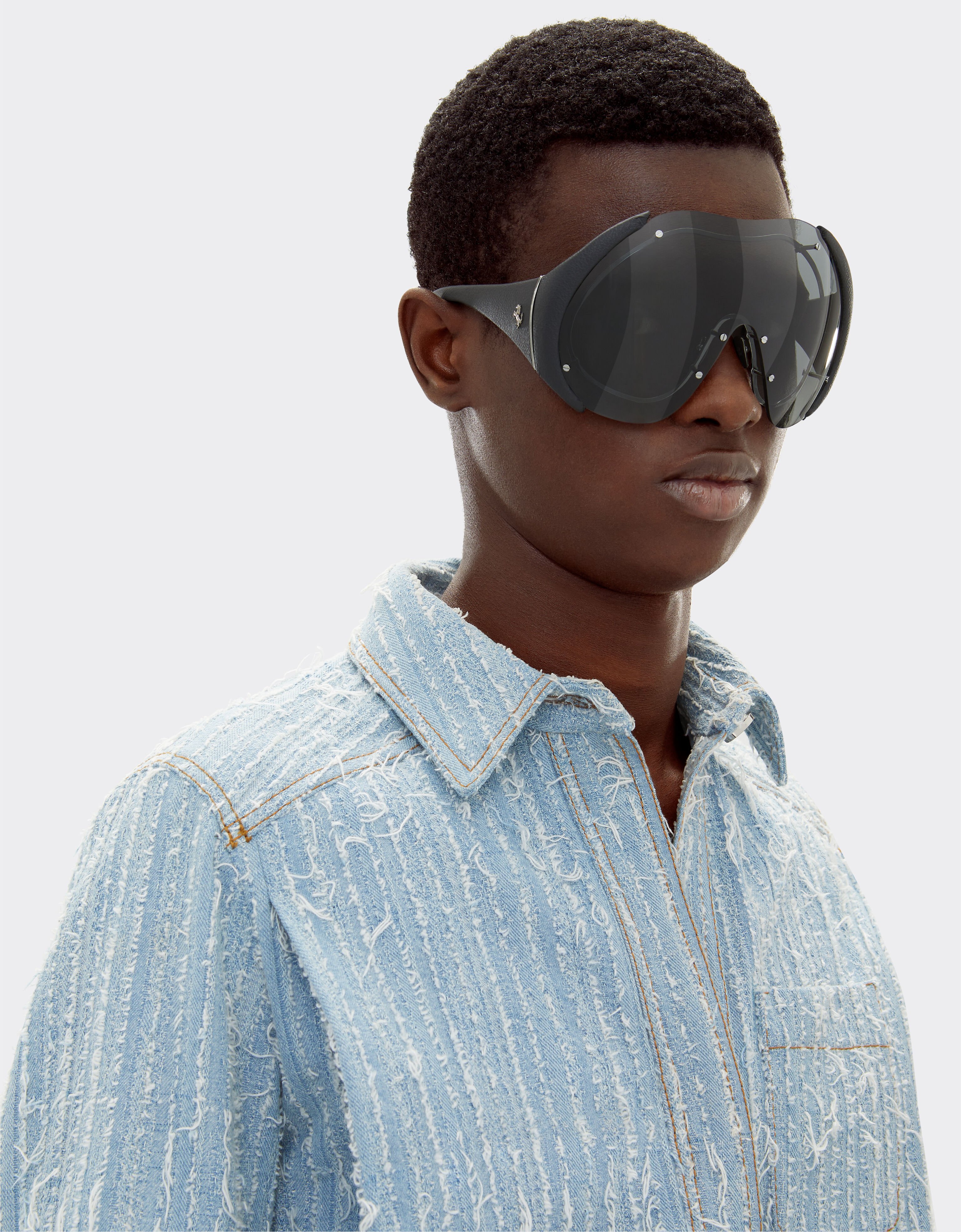Ferrari Sunglasses in metal and black leather with dark grey shield Ingrid LA01Mf