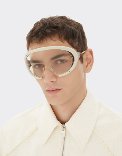 Ferrari Gafas de sol Ferrari de metal plateado brillante y piel blanca cal con pantalla transparente Bianco Ottico LA0LLf