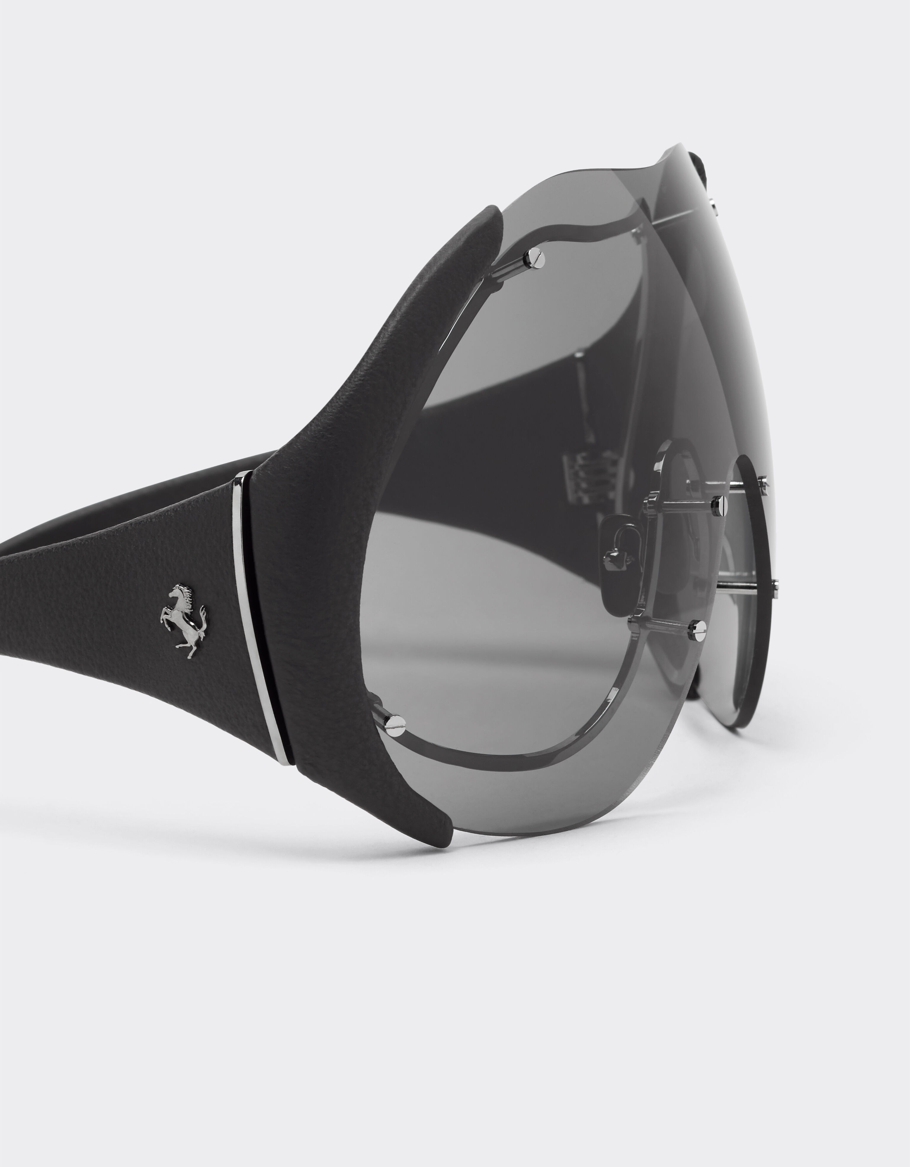 Ferrari Sunglasses in metal and black leather with dark grey shield Ingrid LA01Mf