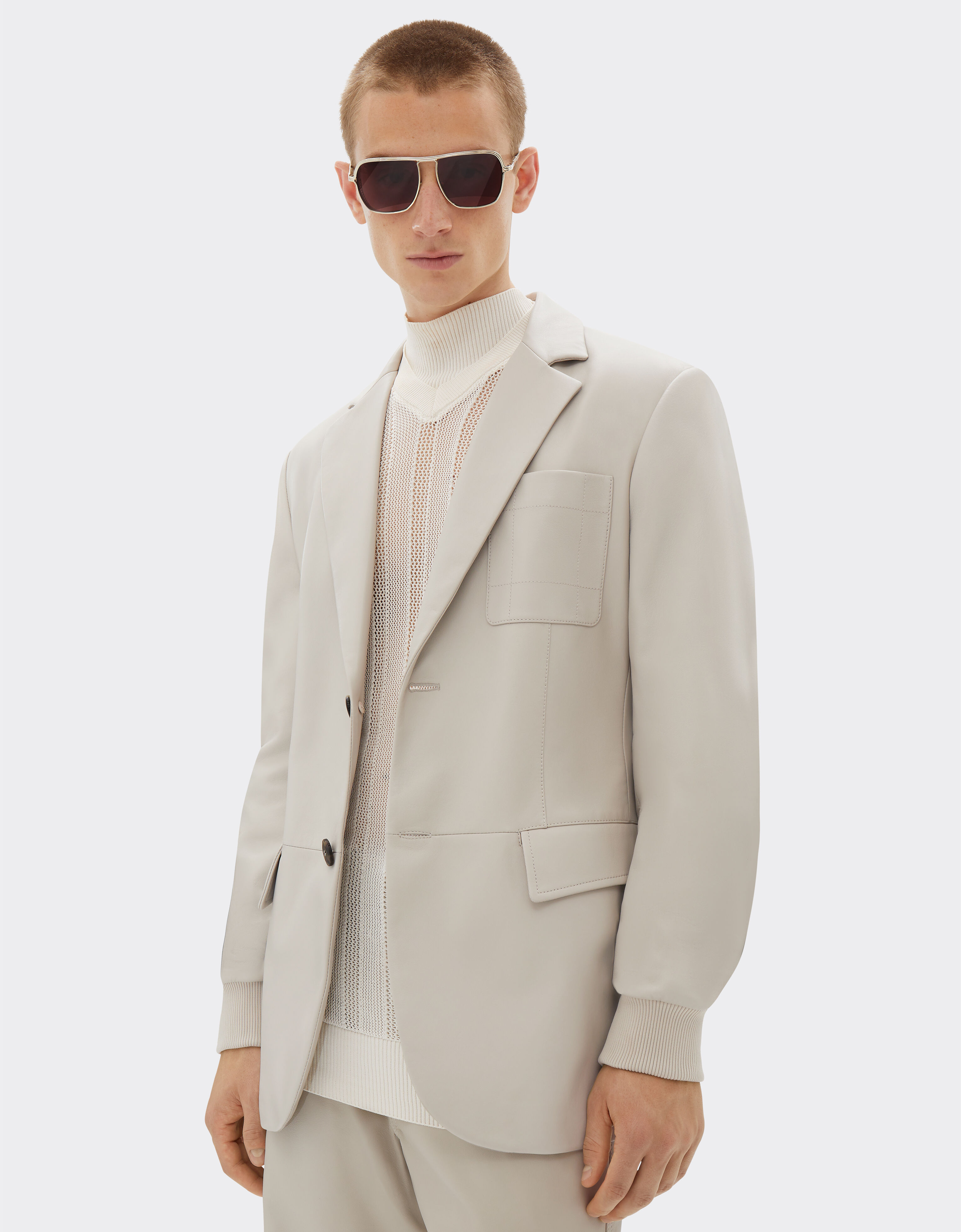 Ferrari Blazer en cuir nappa avec poignets tricotés Écru 21775f