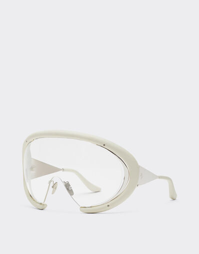 Ferrari Gafas de sol Ferrari de metal plateado brillante y piel blanca cal con pantalla transparente Bianco Ottico LA0LLf