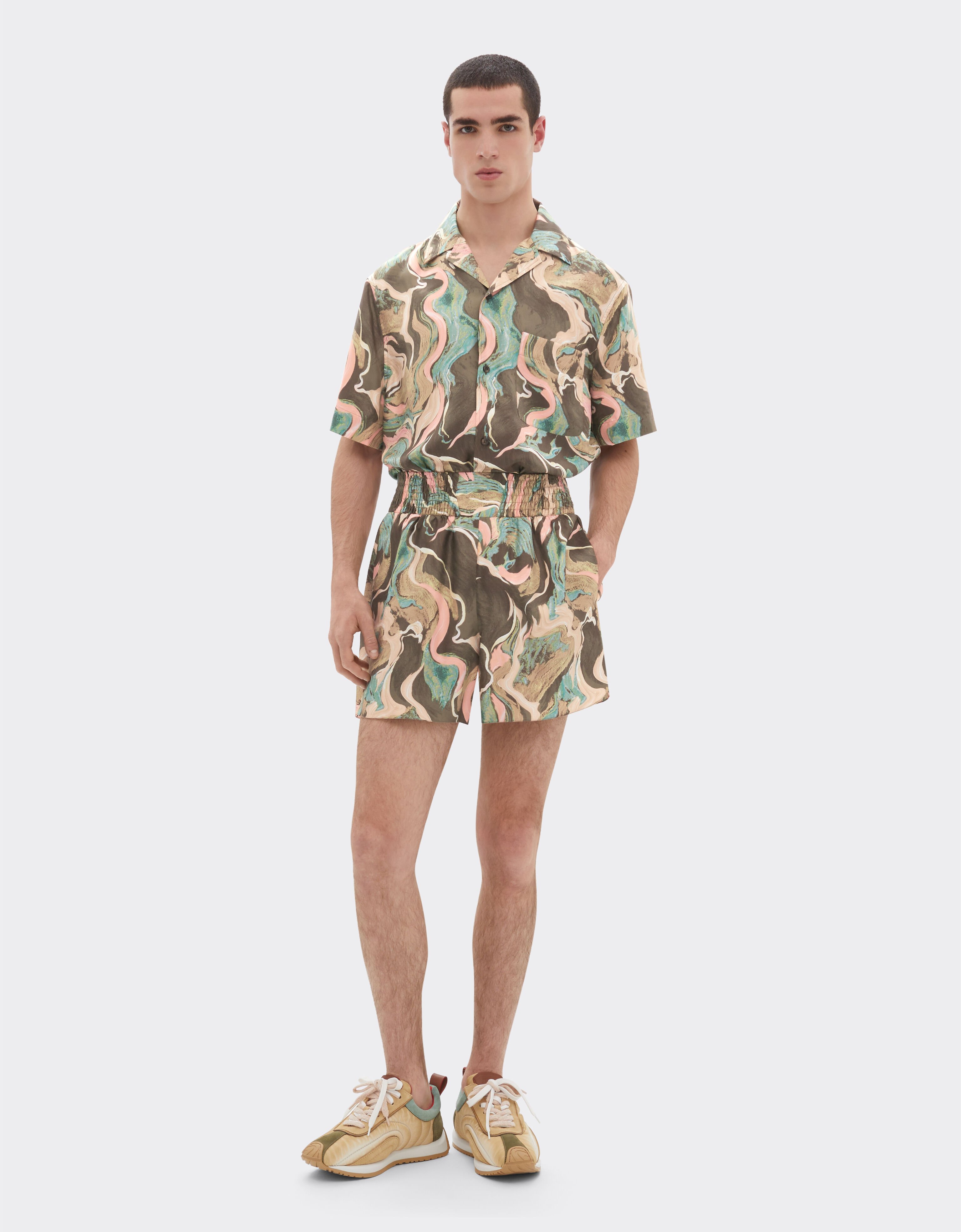 Ferrari Short en soie à imprimé Marble Horse Khaki Green 50073f