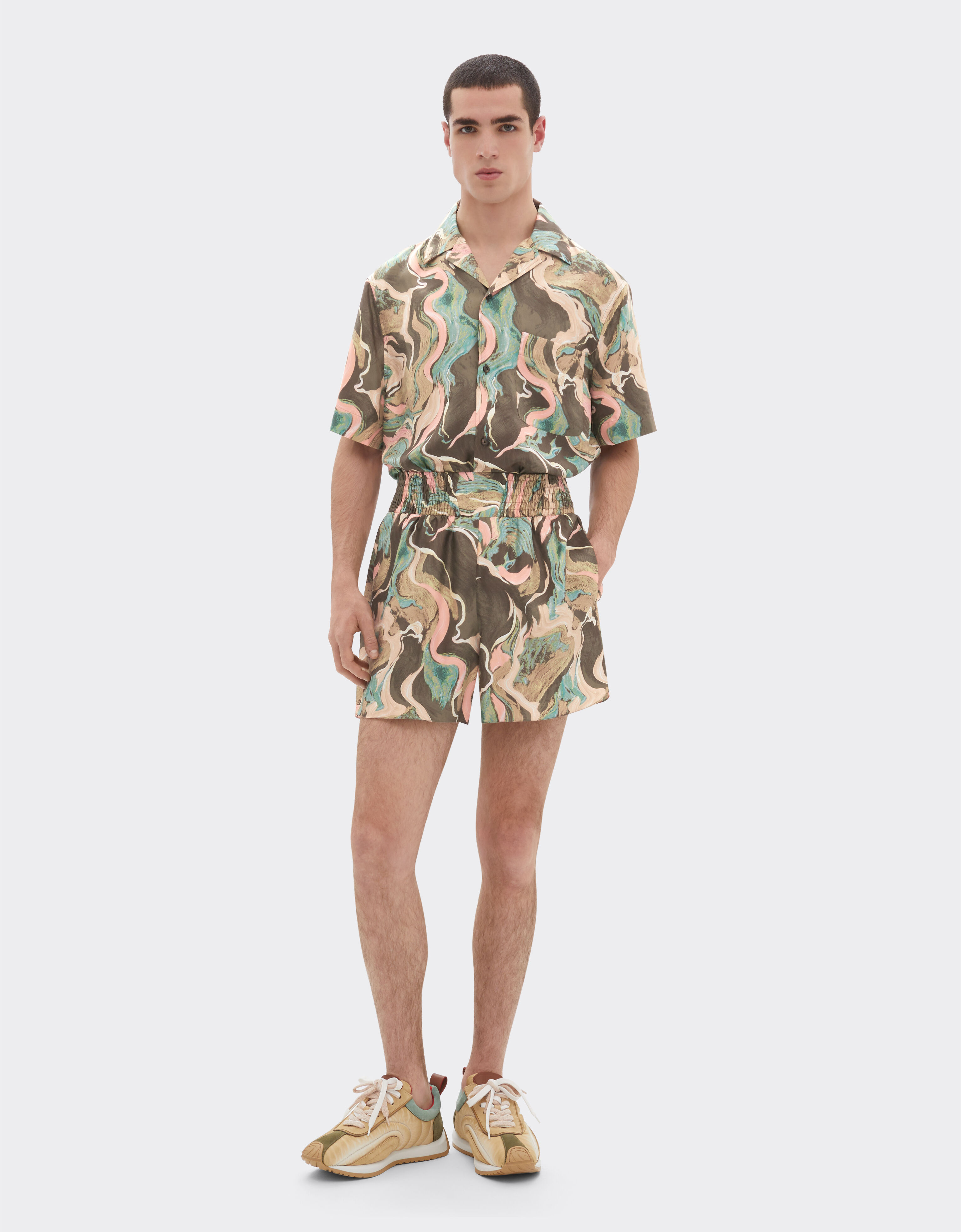 Silk shorts with Marble Horse print Ferrari Silk shorts with Marble Horse print Khaki Green 50073f