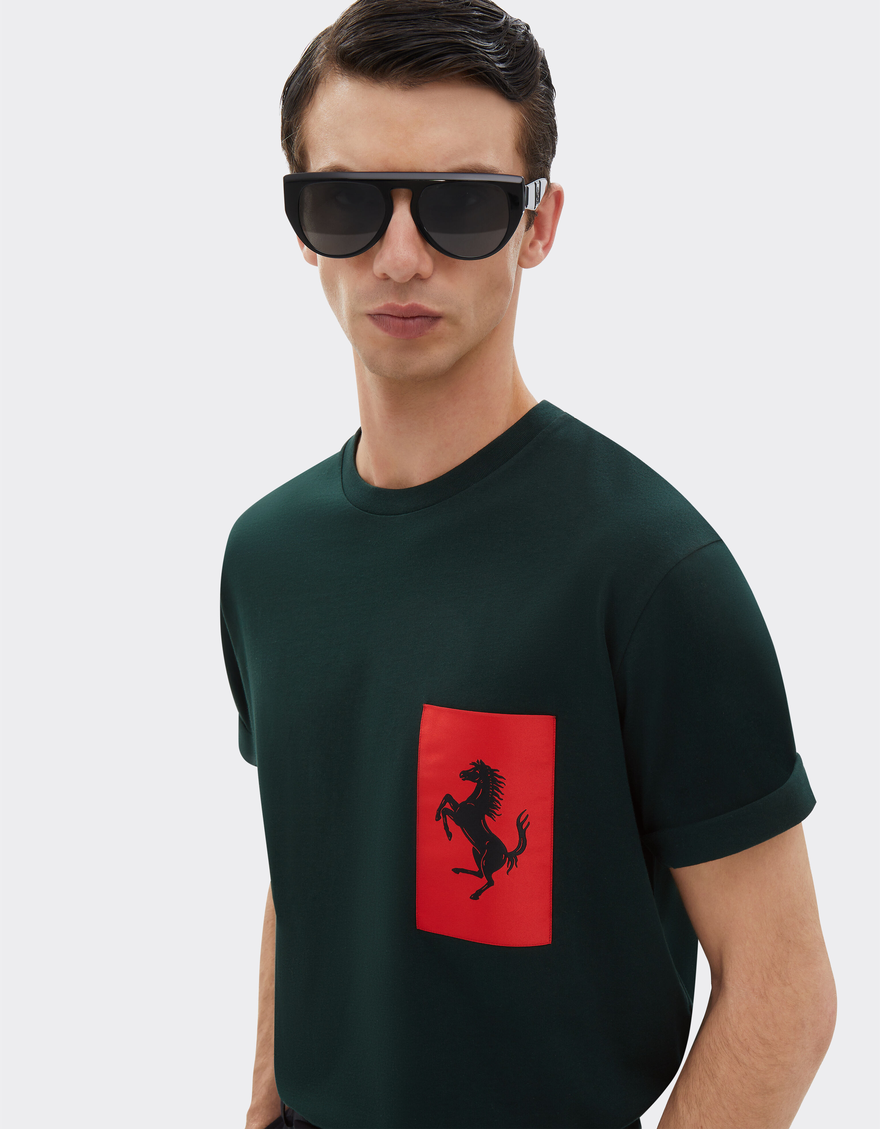 T shirt in cotone con Cavallino Rampante in Verde Militare da Uomo Ferrari