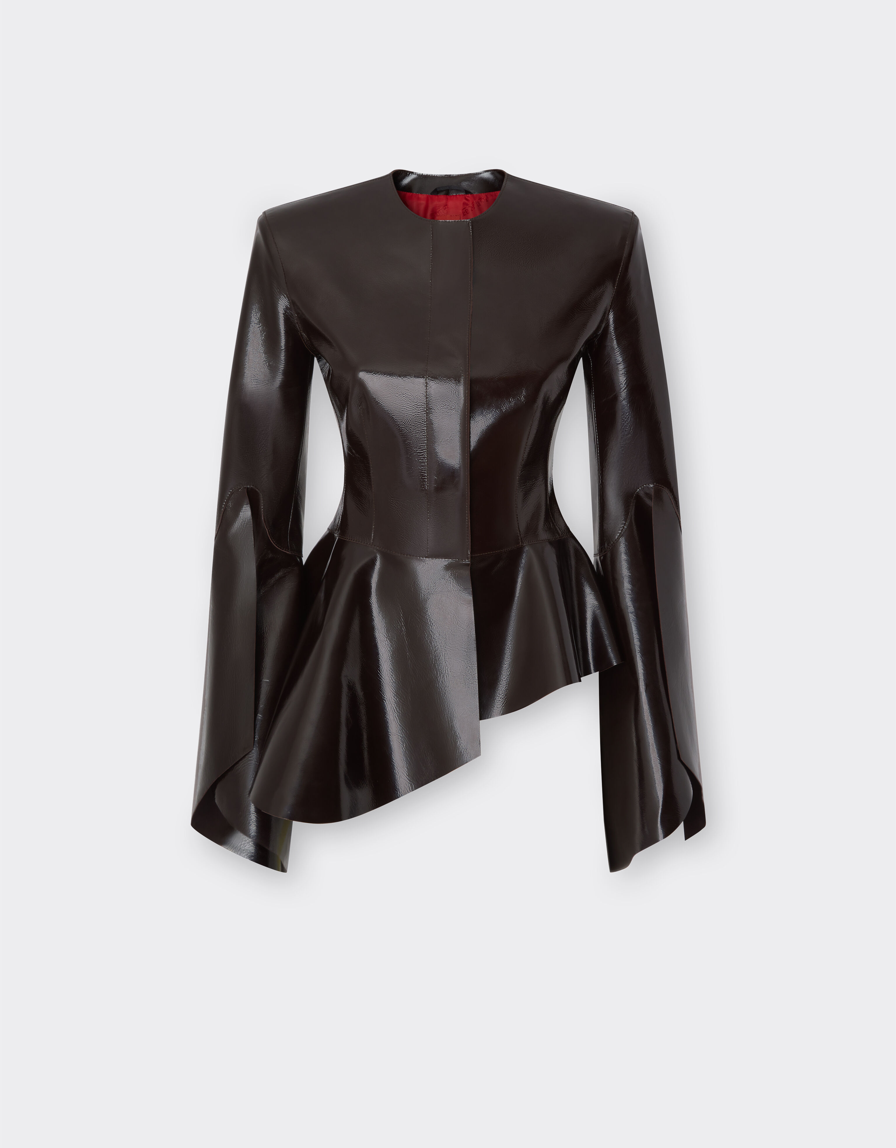 ${brand} Shiny patent leather jacket with ruffles ${colorDescription} ${masterID}