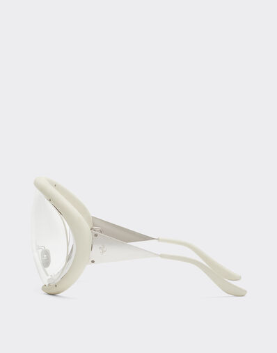 Ferrari Gafas de sol Ferrari de metal plateado brillante y piel blanca cal con pantalla transparente Bianco Ottico LA0LLf