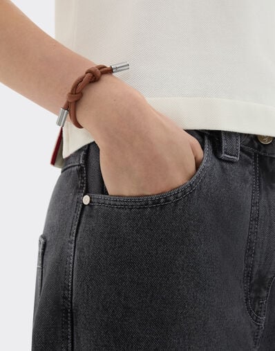 Ferrari Tubular leather bracelet with engraved Prancing Horse Tobacco 50009f