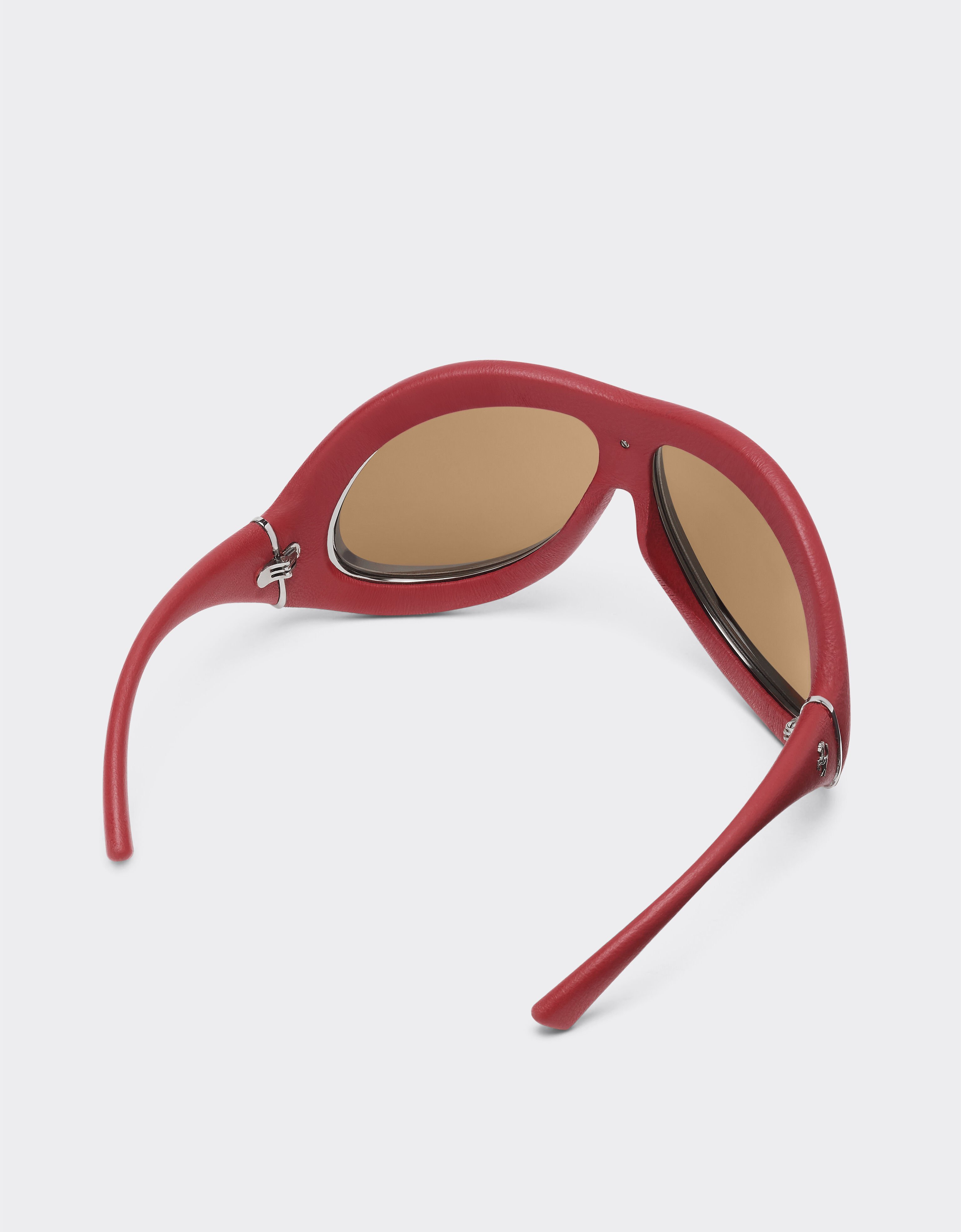 Ferrari Sunglasses in red leather and gunmetal grey metal with gold rose mirror lenses Racing red LA01Lf