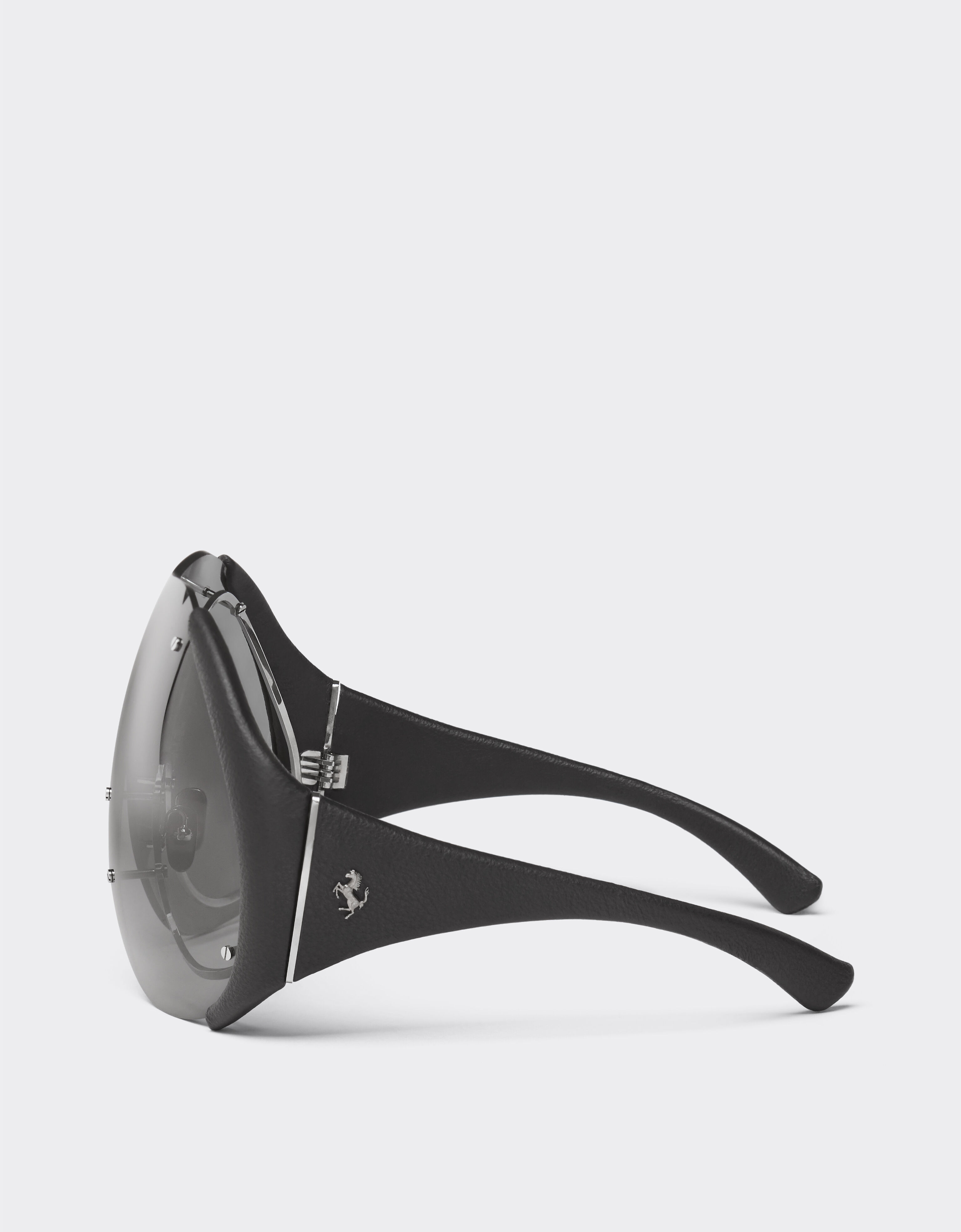 Ferrari Sunglasses in metal and black leather with dark grey shield Ingrid LA01Mf