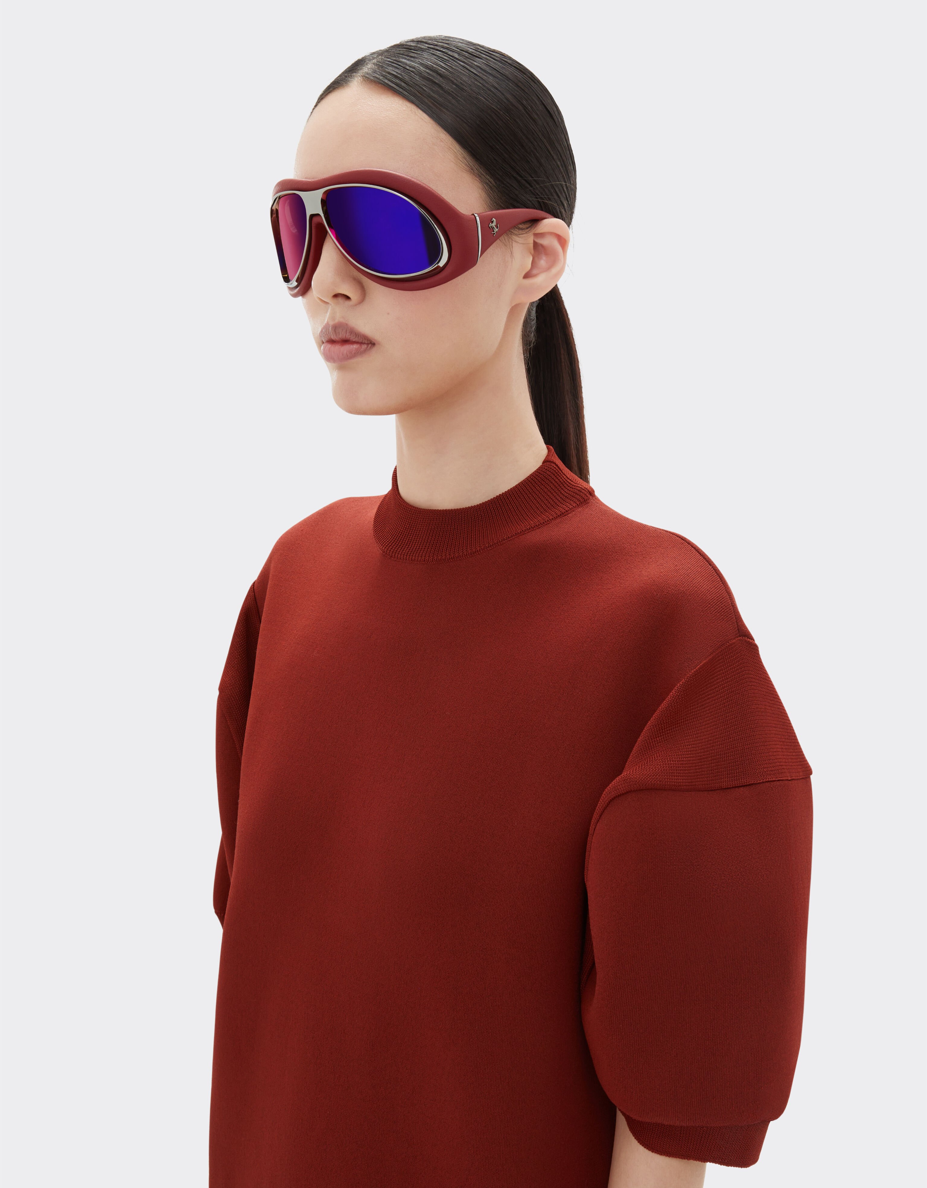 Ferrari Sunglasses in red leather and gunmetal grey metal with gold rose mirror lenses Racing red LA01Lf