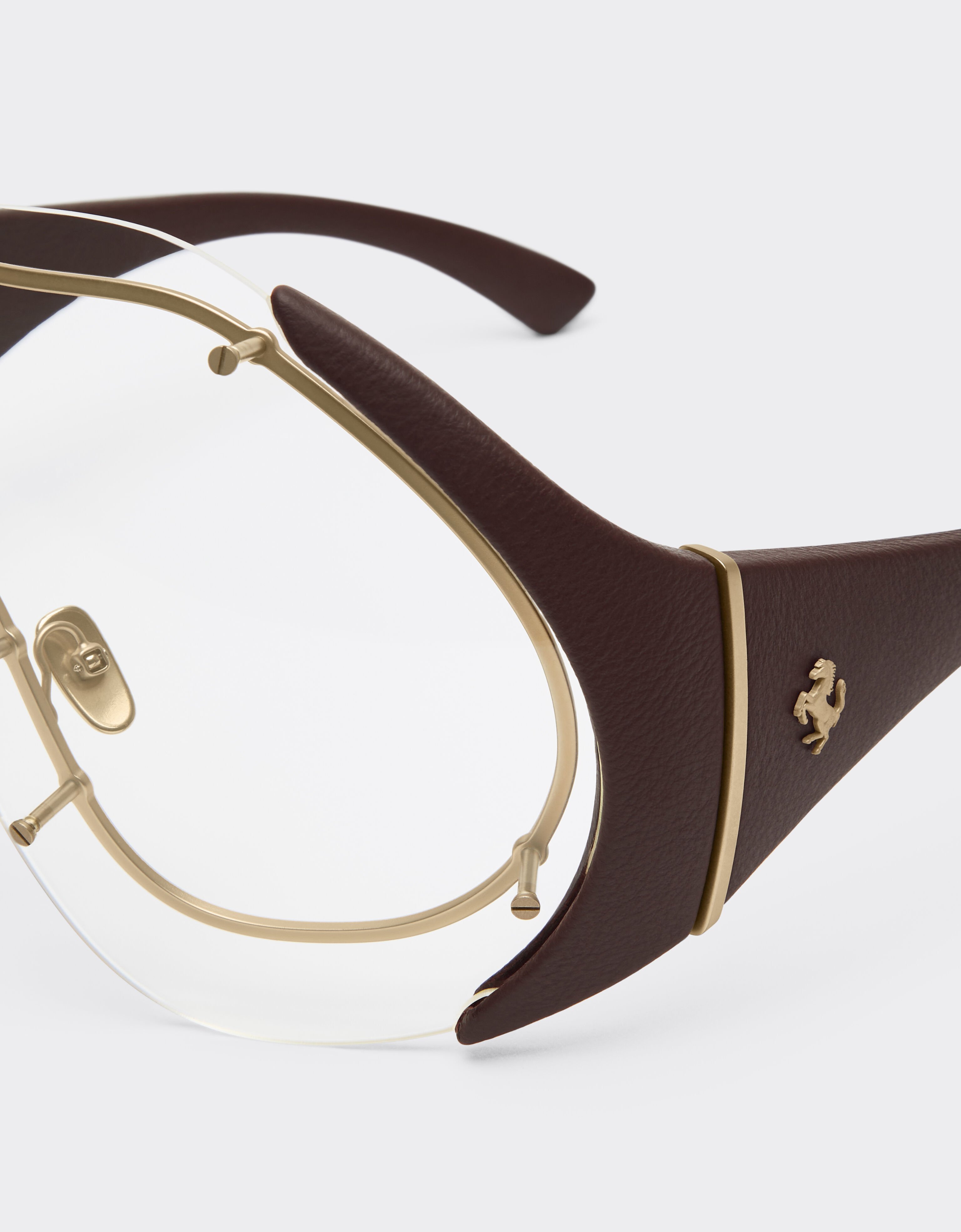 Ferrari Sunglasses in gold-tone metal and brown leather with transparent shield Beige LA01Nf