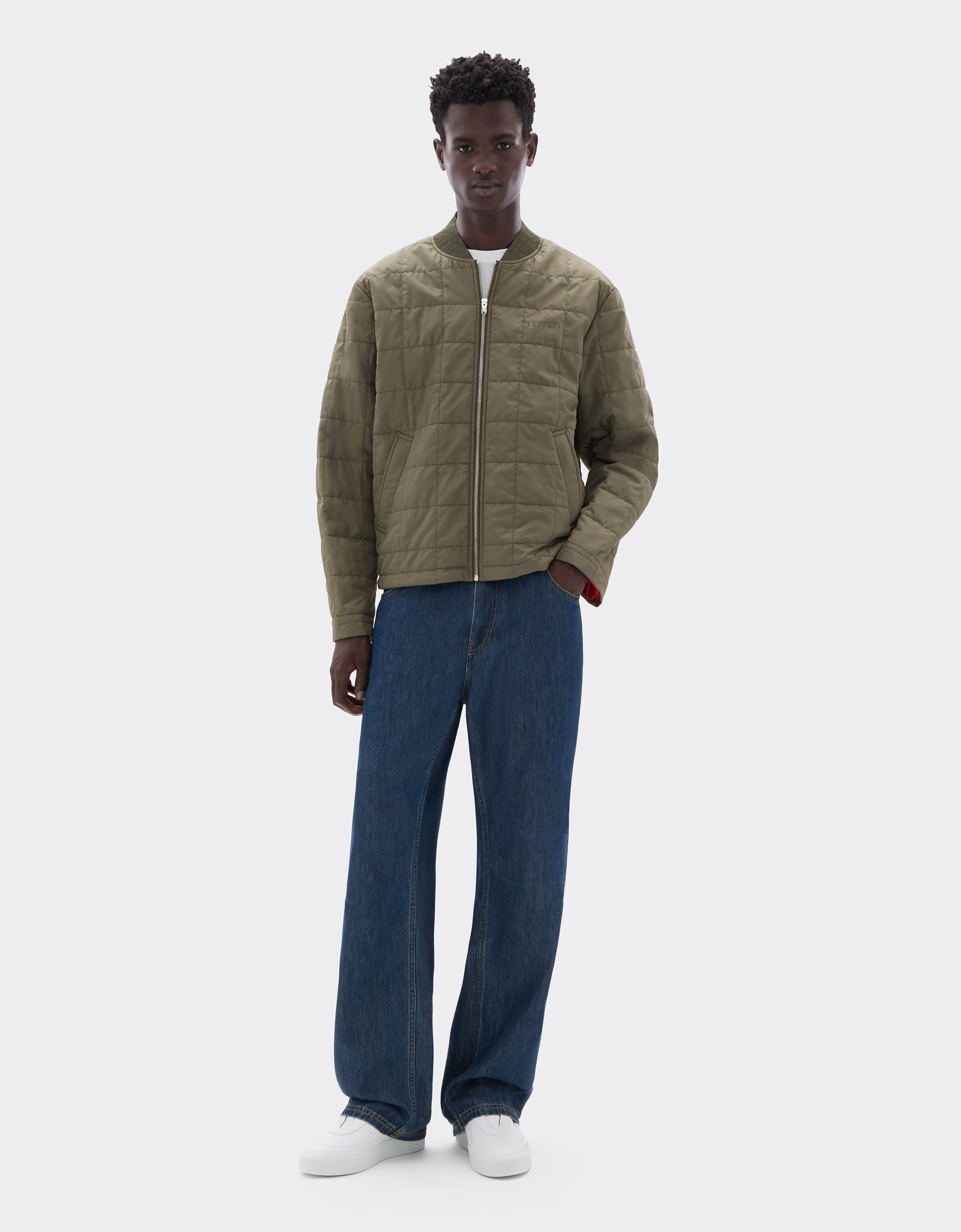 Technical Nylon Bomber Jacket with 7x7 Check in Verde Cachi | Ferrari®