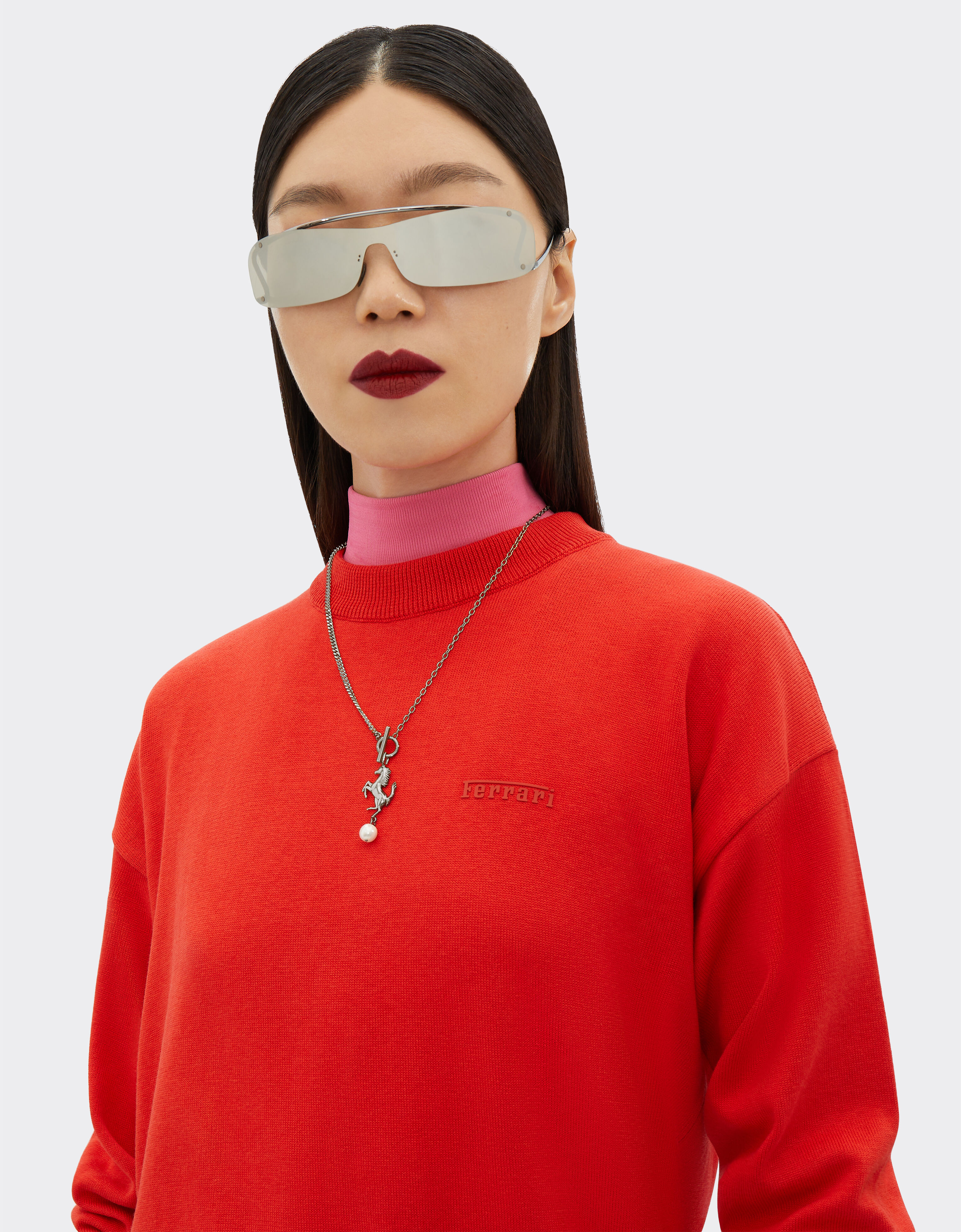 Cotton and silk jumper with Ferrari logo in Rosso Dino for Women Ferrari