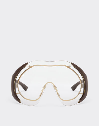 Ferrari Sunglasses in gold-tone metal and brown leather with transparent shield Beige LA01Nf