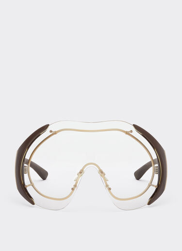 Ferrari Sunglasses in gold-tone metal and brown leather with transparent shield Beige LA01Nf