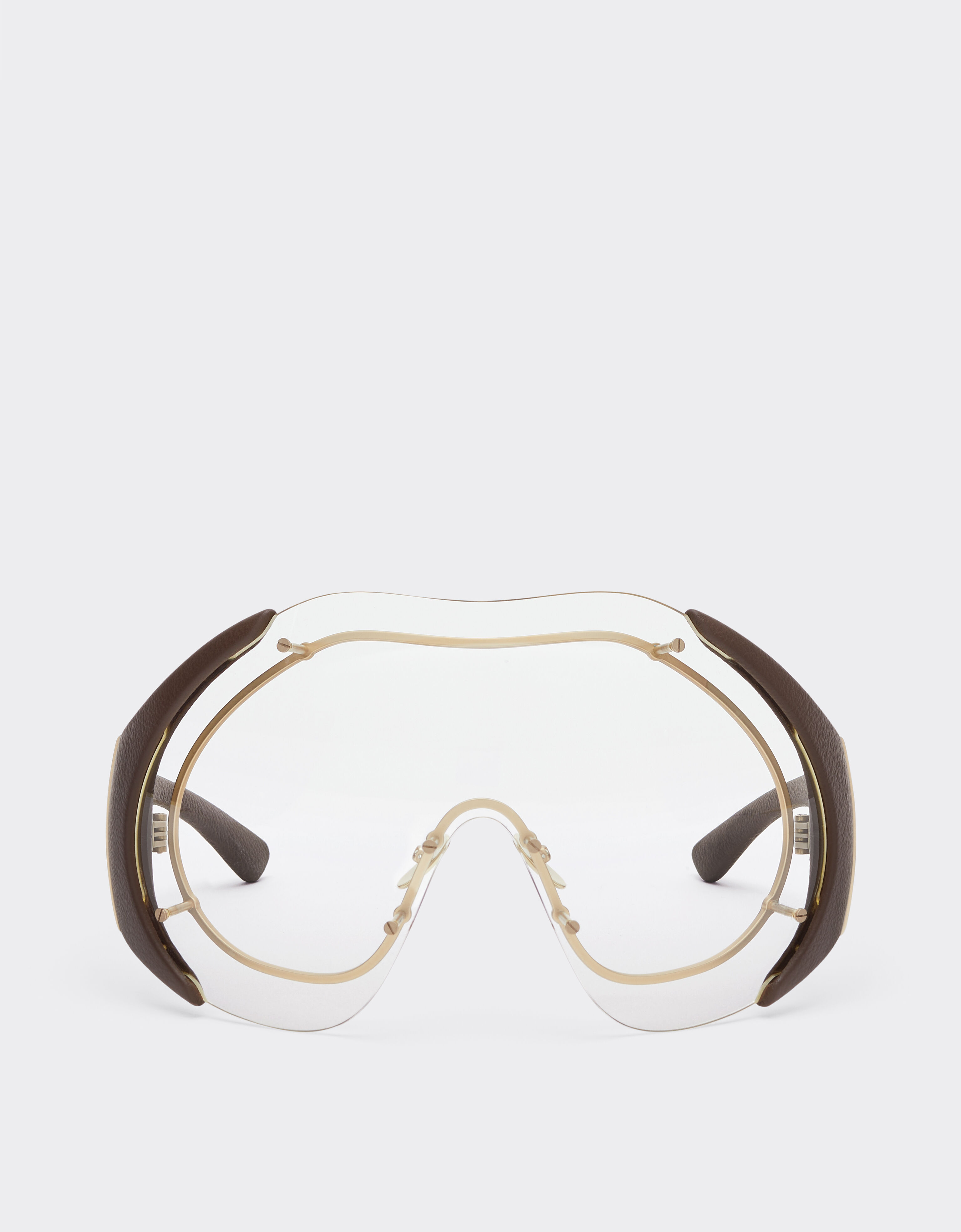 Ferrari Sunglasses in gold-tone metal and brown leather with transparent shield Beige LA01Nf