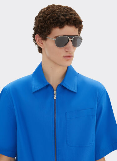 Ferrari Ferrari sunglasses in gunmetal grey metal and leather with blue lenses Ingrid LA02Ff