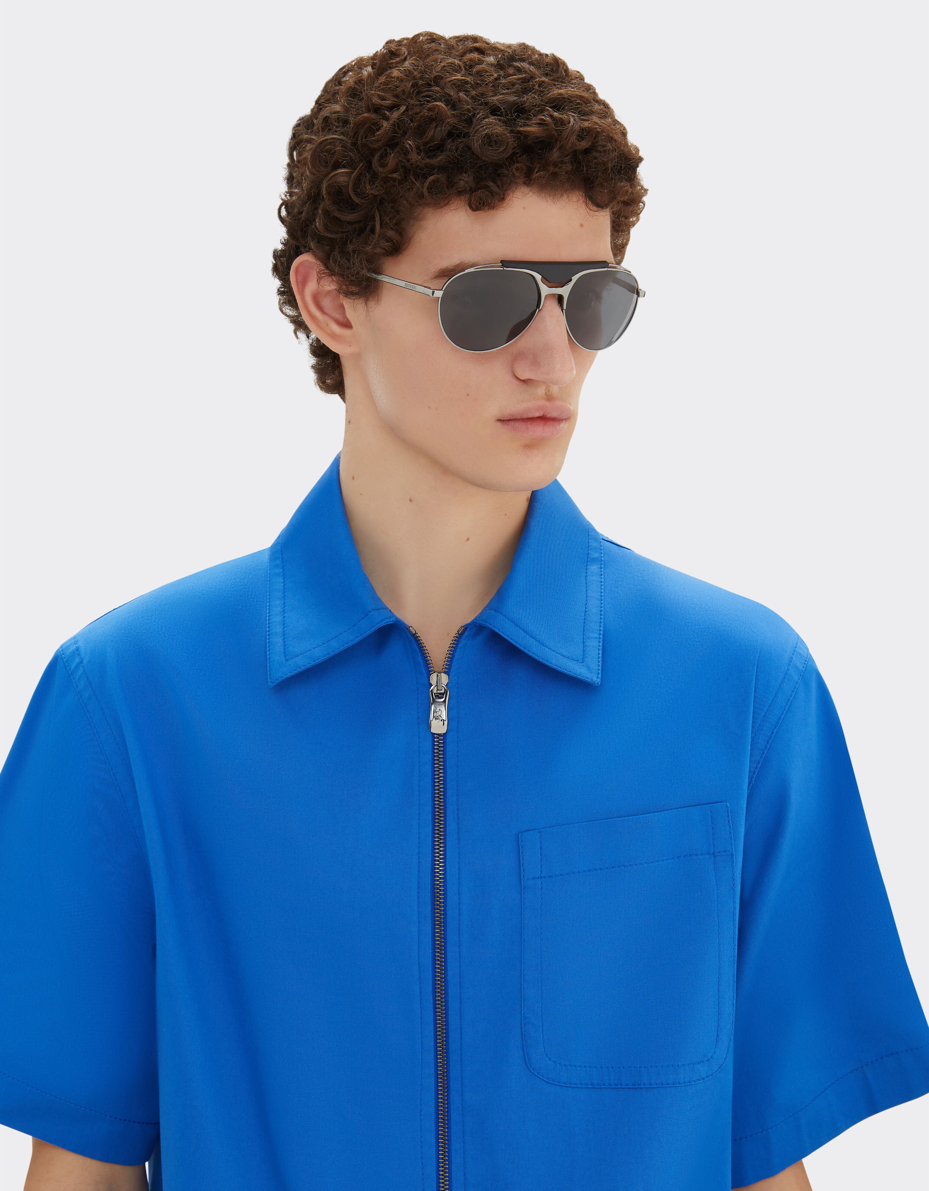 Ferrari Ferrari sunglasses in gunmetal grey metal and leather with blue lenses Ingrid LA02Ff