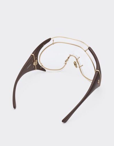 Ferrari Gafas de sol de metal dorado y piel marrón con montura transparente Beige LA01Nf