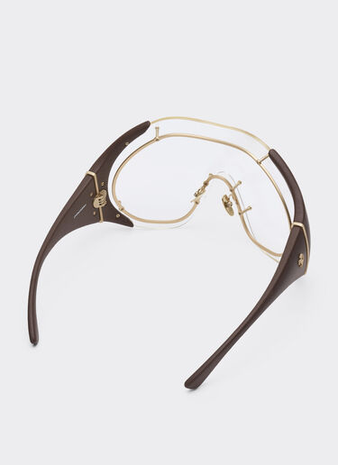 Ferrari Sunglasses in gold-tone metal and brown leather with transparent shield Beige LA01Nf