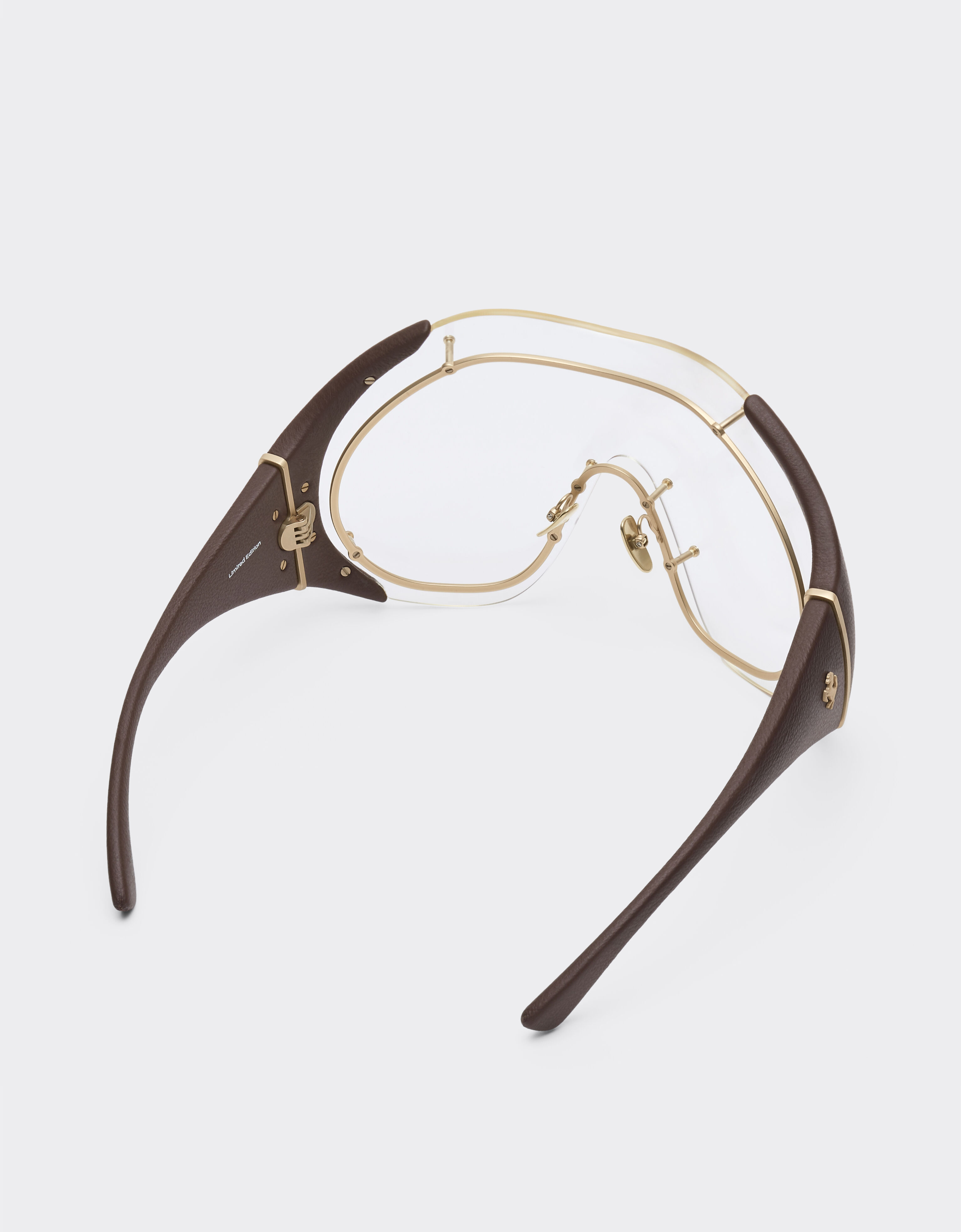 Ferrari Sunglasses in gold-tone metal and brown leather with transparent shield Beige LA01Nf