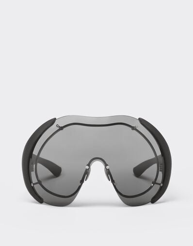 Ferrari Sunglasses in metal and black leather with dark grey shield Ingrid LA01Mf
