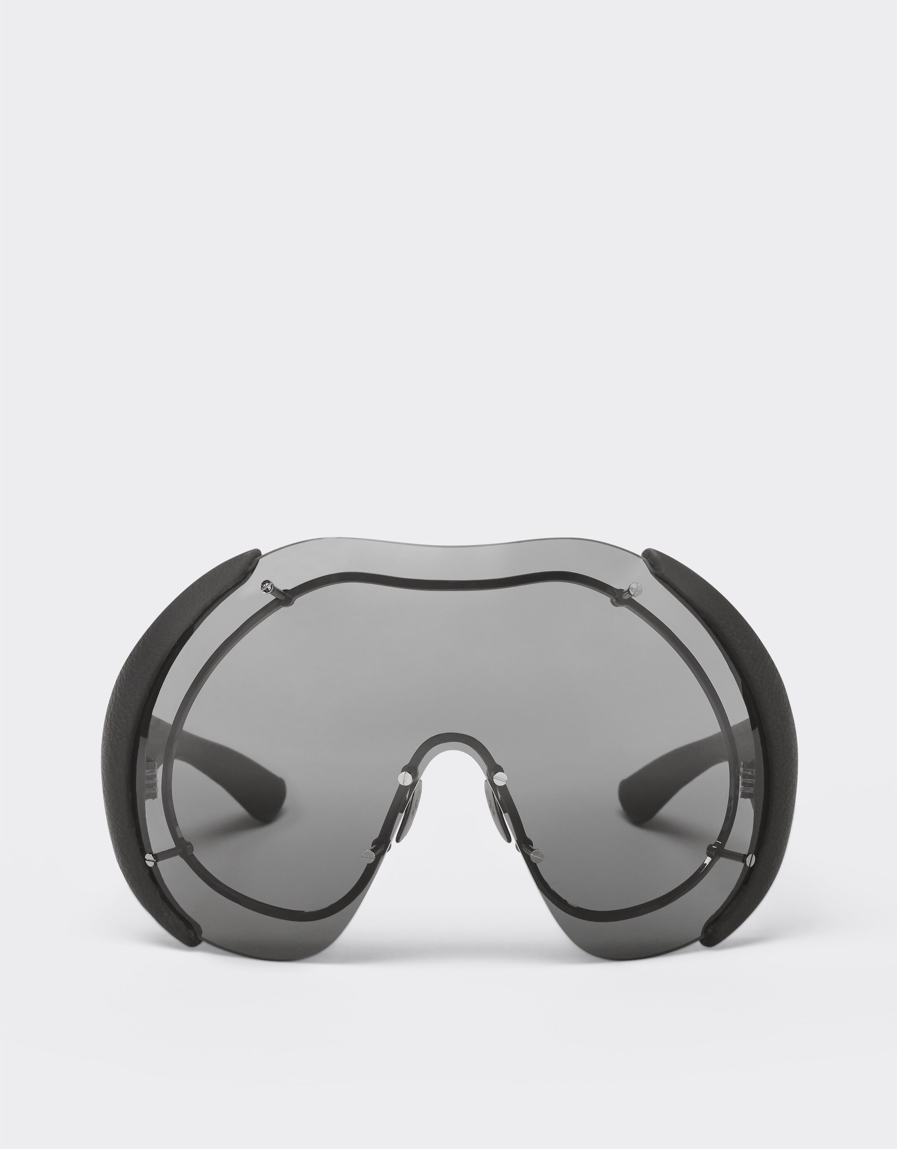 Ferrari Sunglasses in metal and black leather with dark grey shield Ingrid LA01Mf