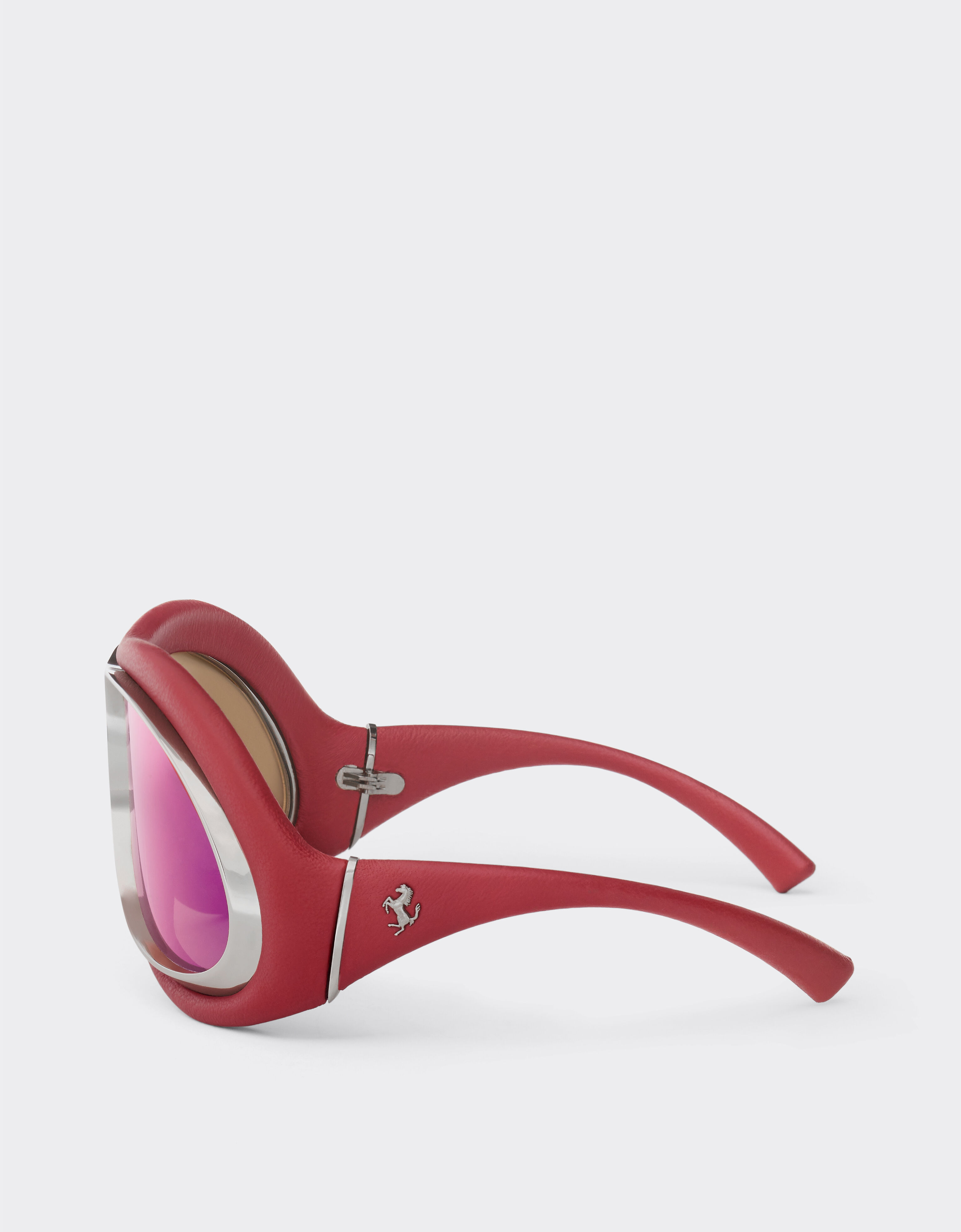 Ferrari Sunglasses in red leather and gunmetal grey metal with gold rose mirror lenses Racing red LA01Lf