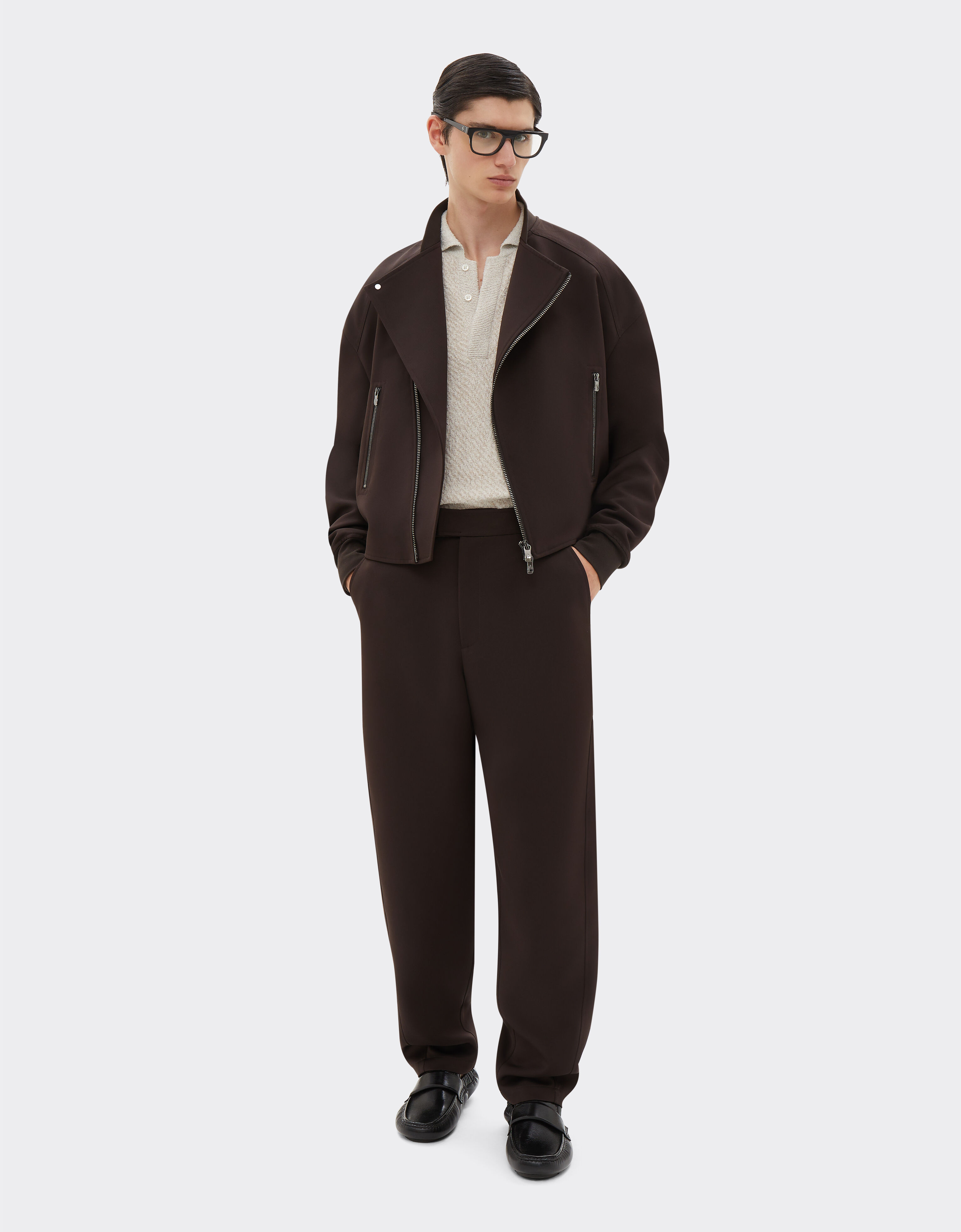 Duchesse twill biker jacket with zip in Dark Brown for Men Ferrari