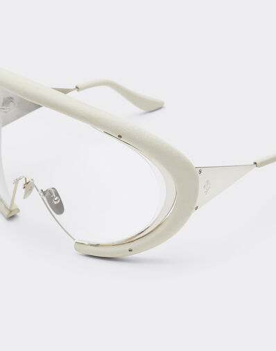 Ferrari Gafas de sol Ferrari de metal plateado brillante y piel blanca cal con pantalla transparente Bianco Ottico LA0LLf