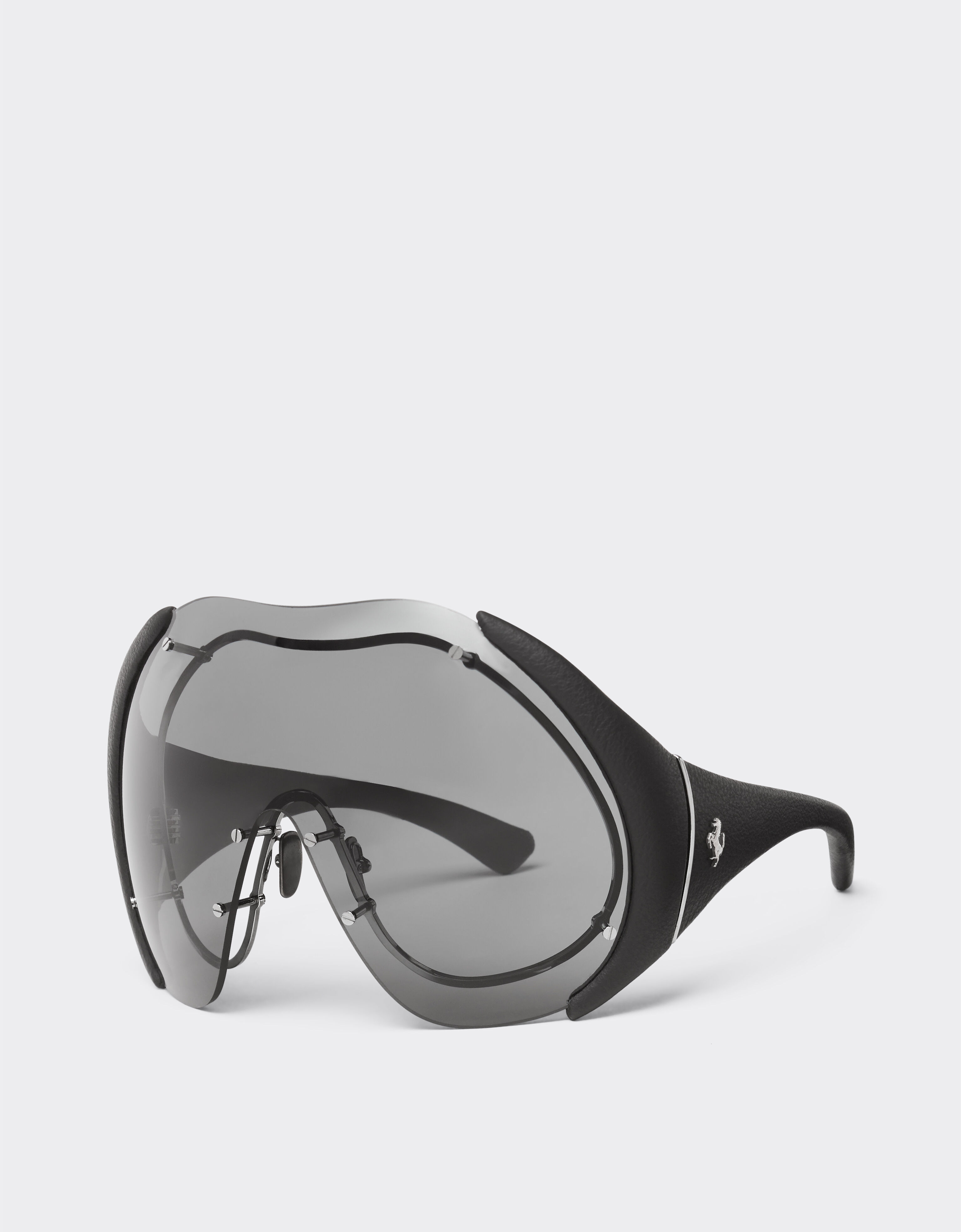 Ferrari Sunglasses in metal and black leather with dark grey shield Ingrid LA01Mf