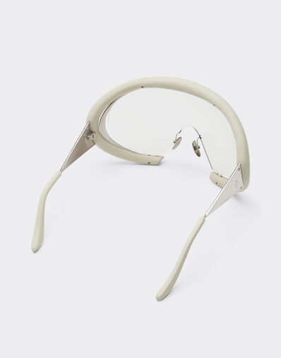 Ferrari Gafas de sol Ferrari de metal plateado brillante y piel blanca cal con pantalla transparente Bianco Ottico LA0LLf