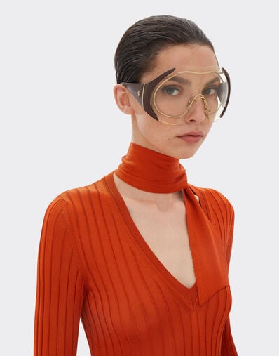 Ferrari Gafas de sol de metal dorado y piel marrón con montura transparente Beige LA01Nf