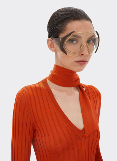 Sonnenbrille aus goldenem Metall und braunem Leder mit transparentem Rahmen Ferrari Sonnenbrille aus goldenem Metall und braunem Leder mit transparentem Rahmen Beige LA01Nf