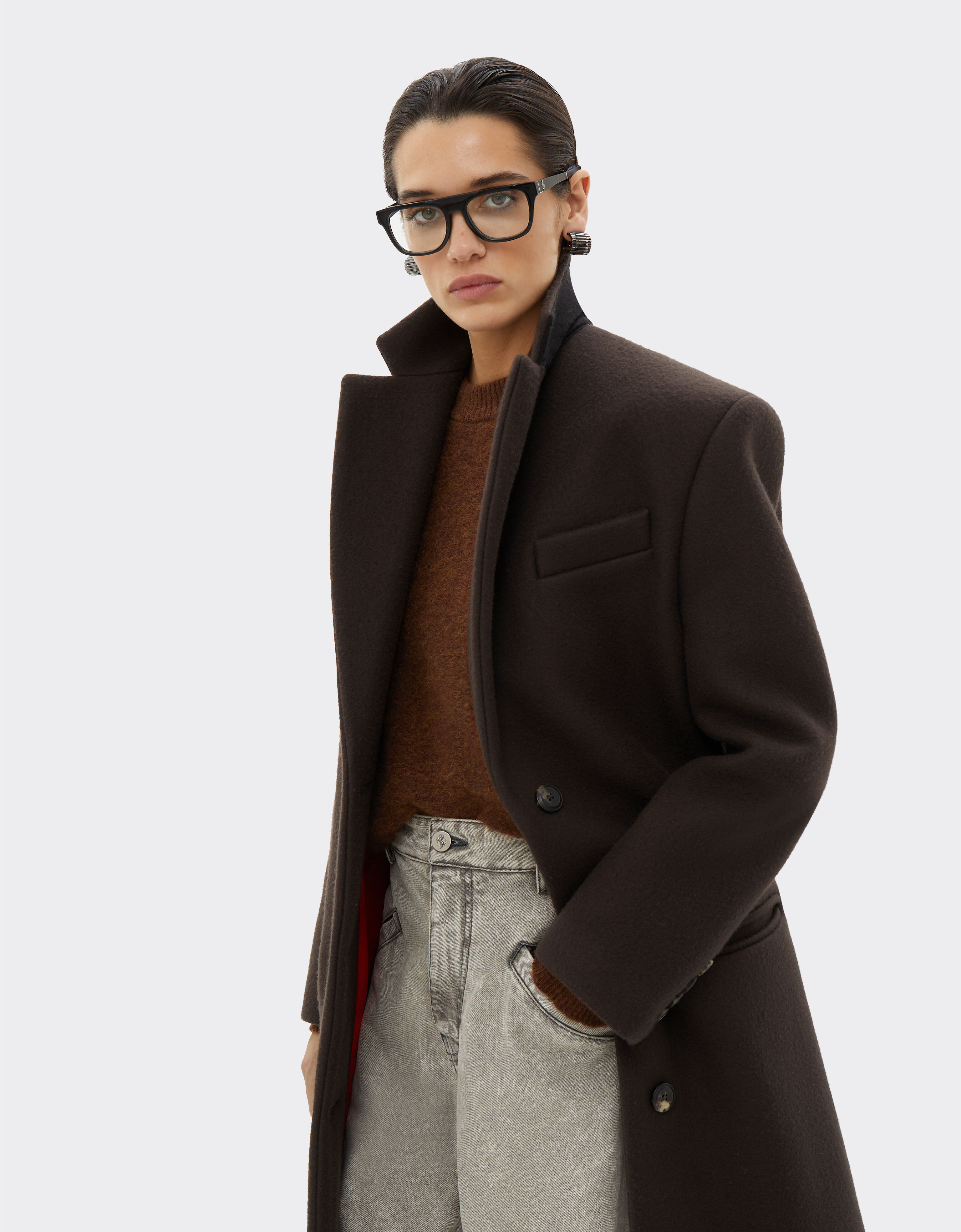 Double wool single breasted coat in Dark Brown for Women Ferrari