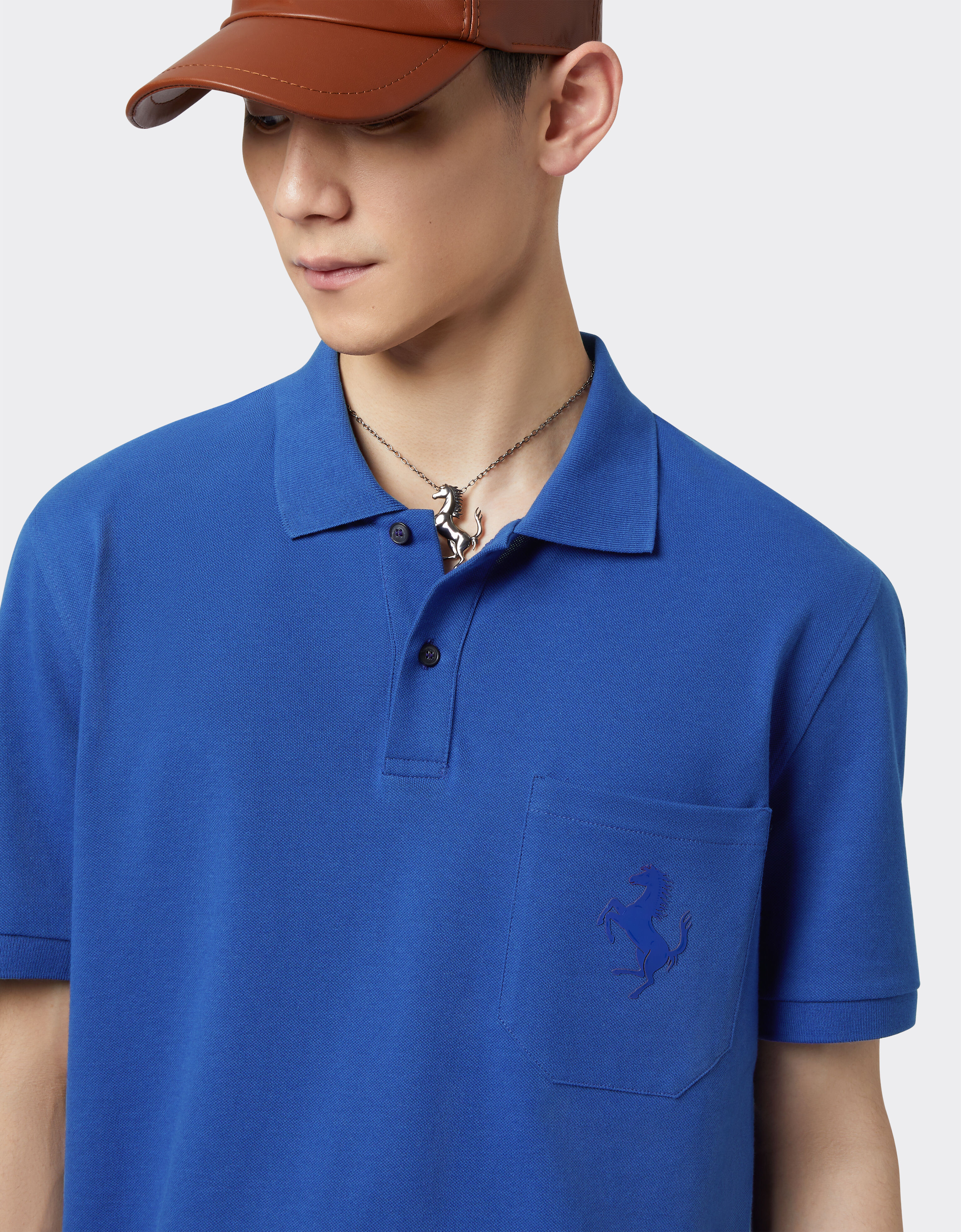 Ferrari Piqué cotton polo shirt with Prancing Horse detail Antique Blue 20132f