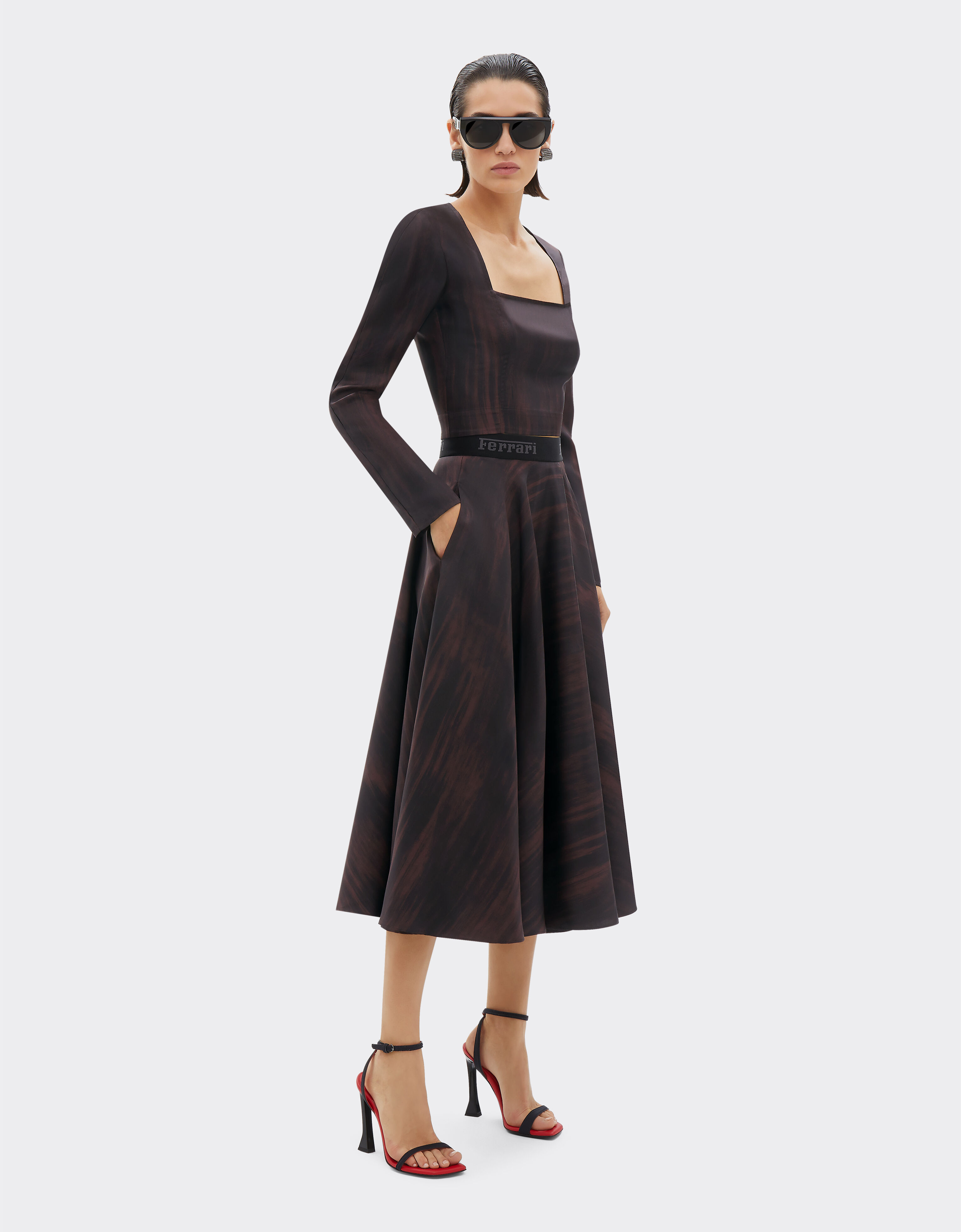 Ferrari Long silk skirt with brushed print Dark Brown 20938f