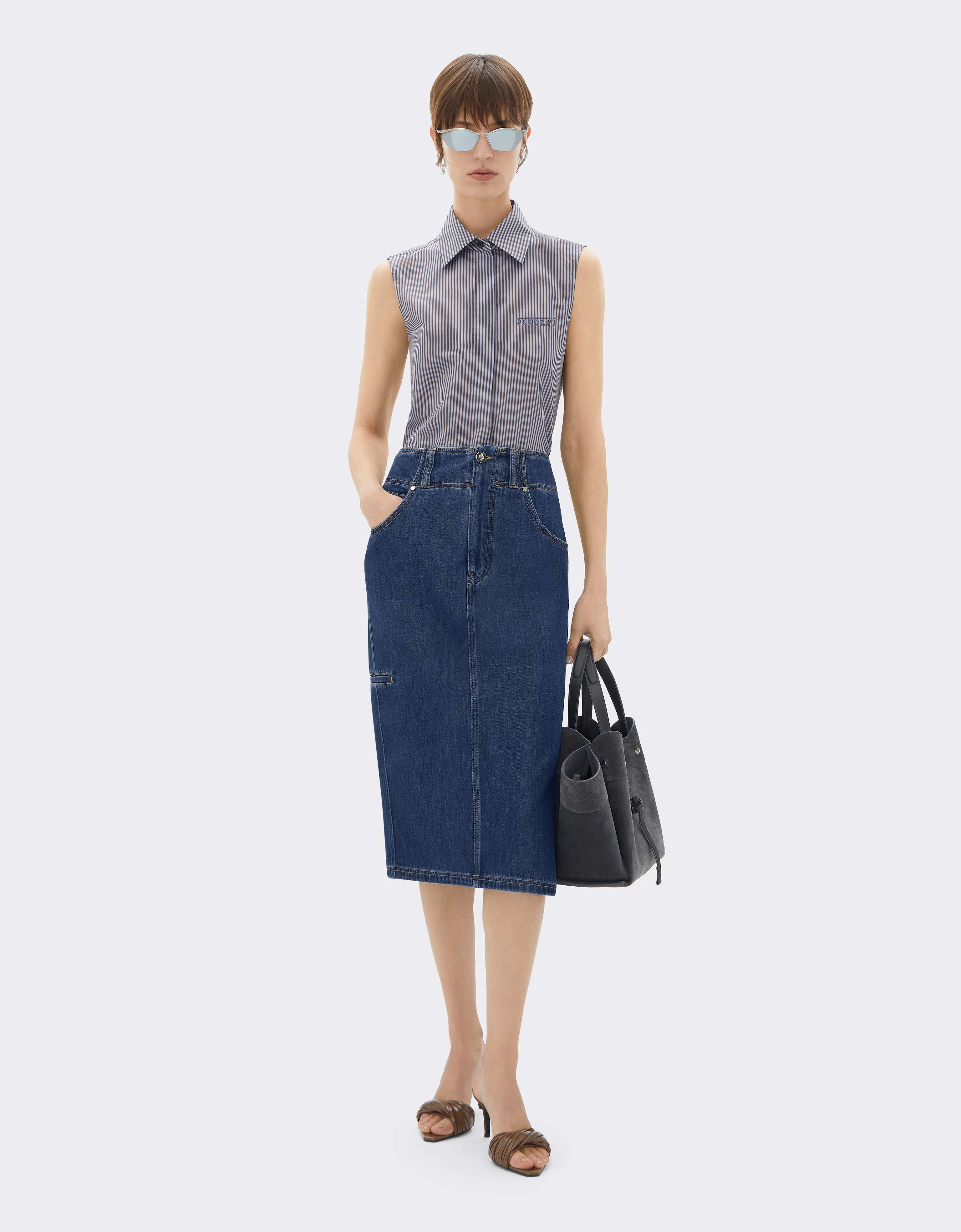 Midi Denim Skirt with Alcantara® Details in Blu Denim | Ferrari®
