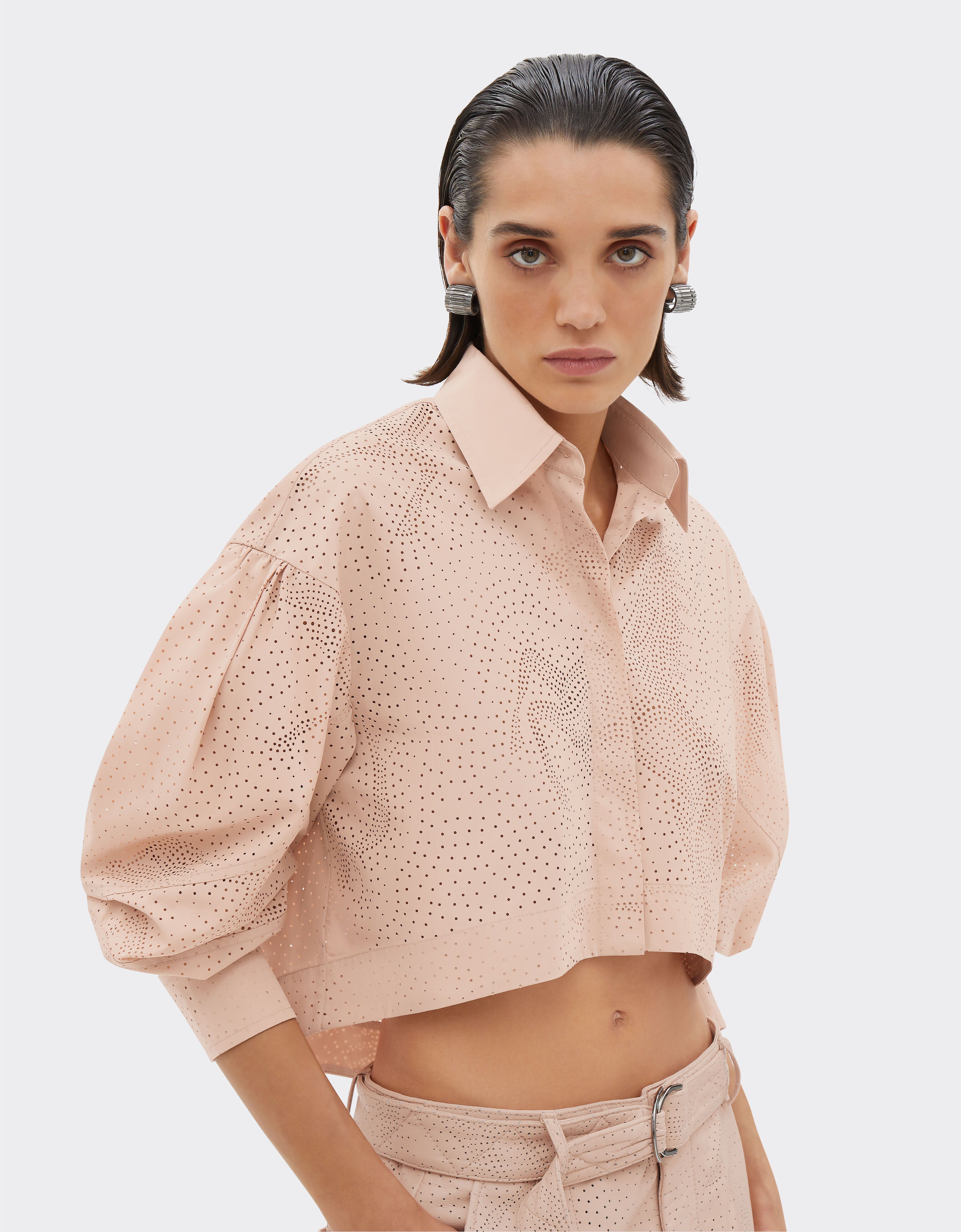 Ferrari Cropped shirt with Prancing Horse perforated pattern Nude 20745f