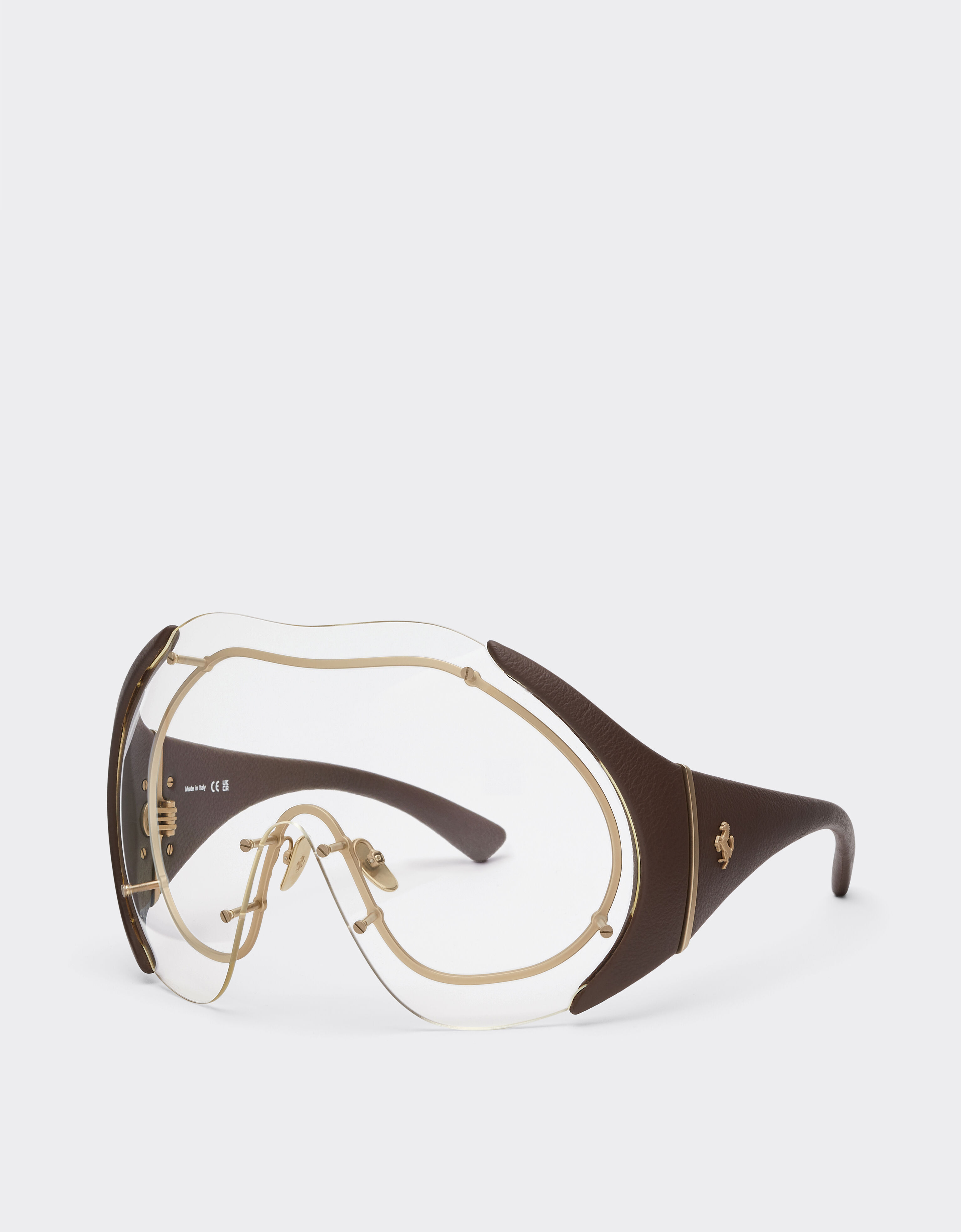 Ferrari Sunglasses in gold-tone metal and brown leather with transparent shield Beige LA01Nf