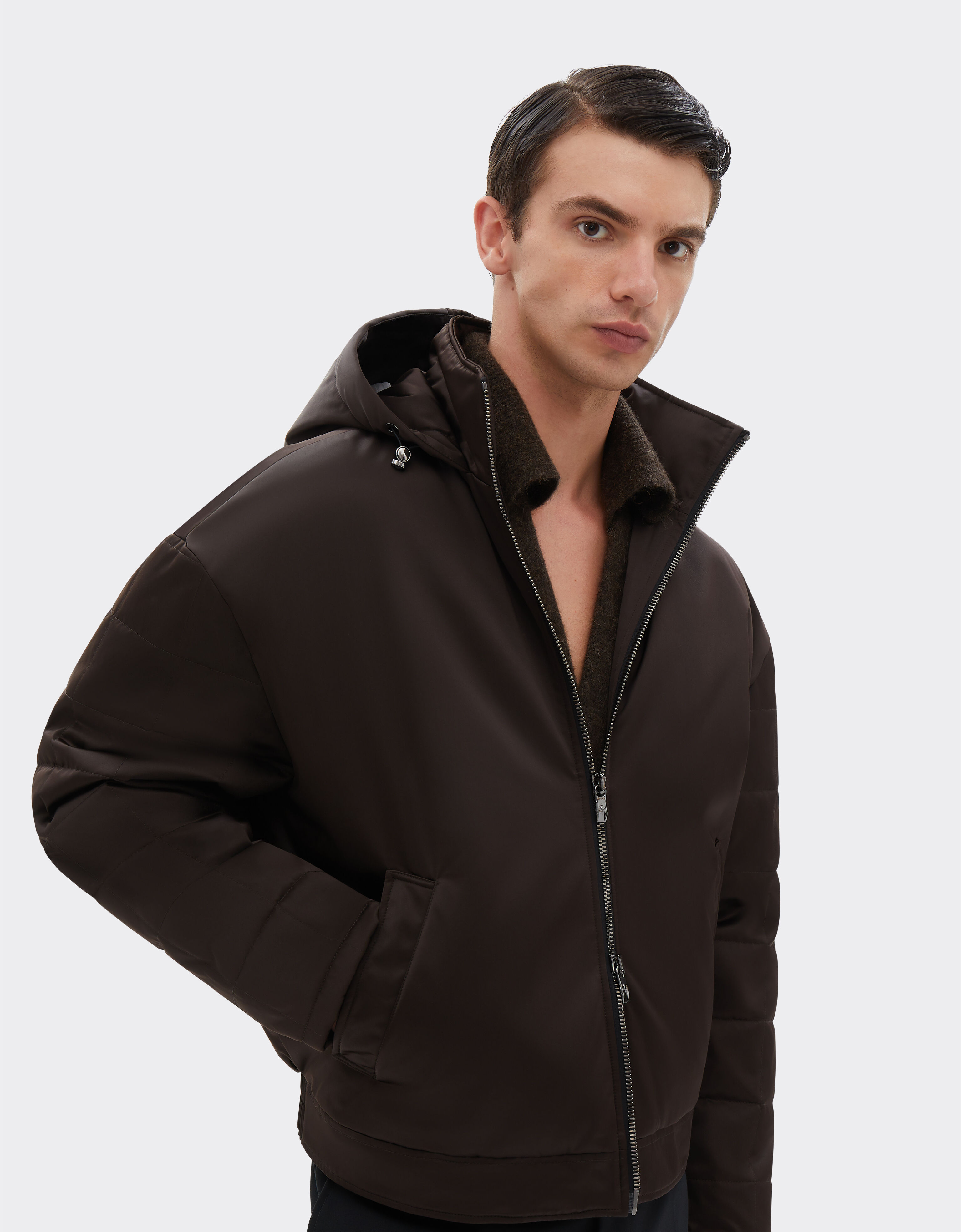 Eco nylon down jacket with hood in Dark Brown for Men Ferrari