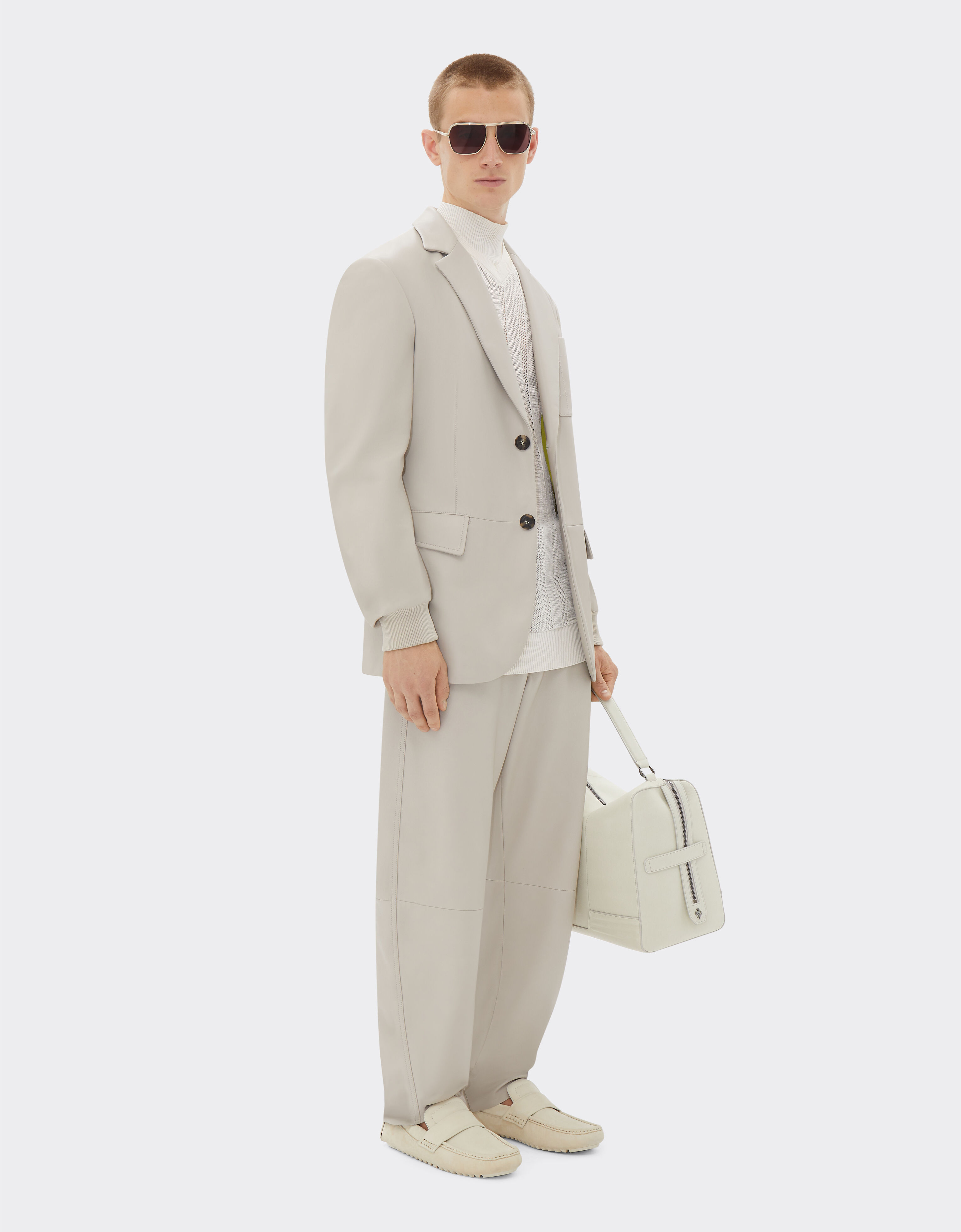 Ferrari Blazer en cuir nappa avec poignets tricotés Écru 21775f