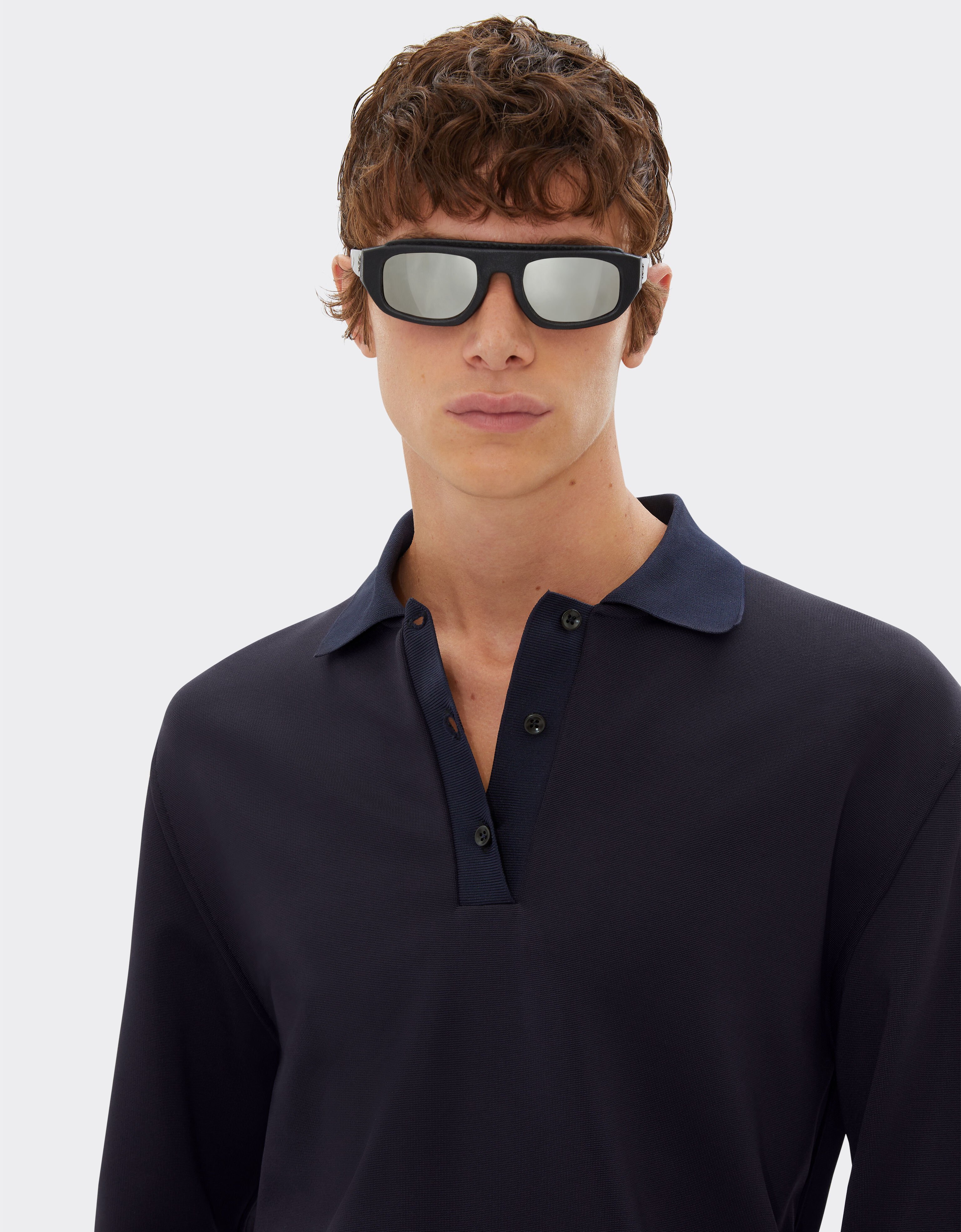 Ferrari Long-sleeved polo shirt in Milano-rib jersey Navy 21802f
