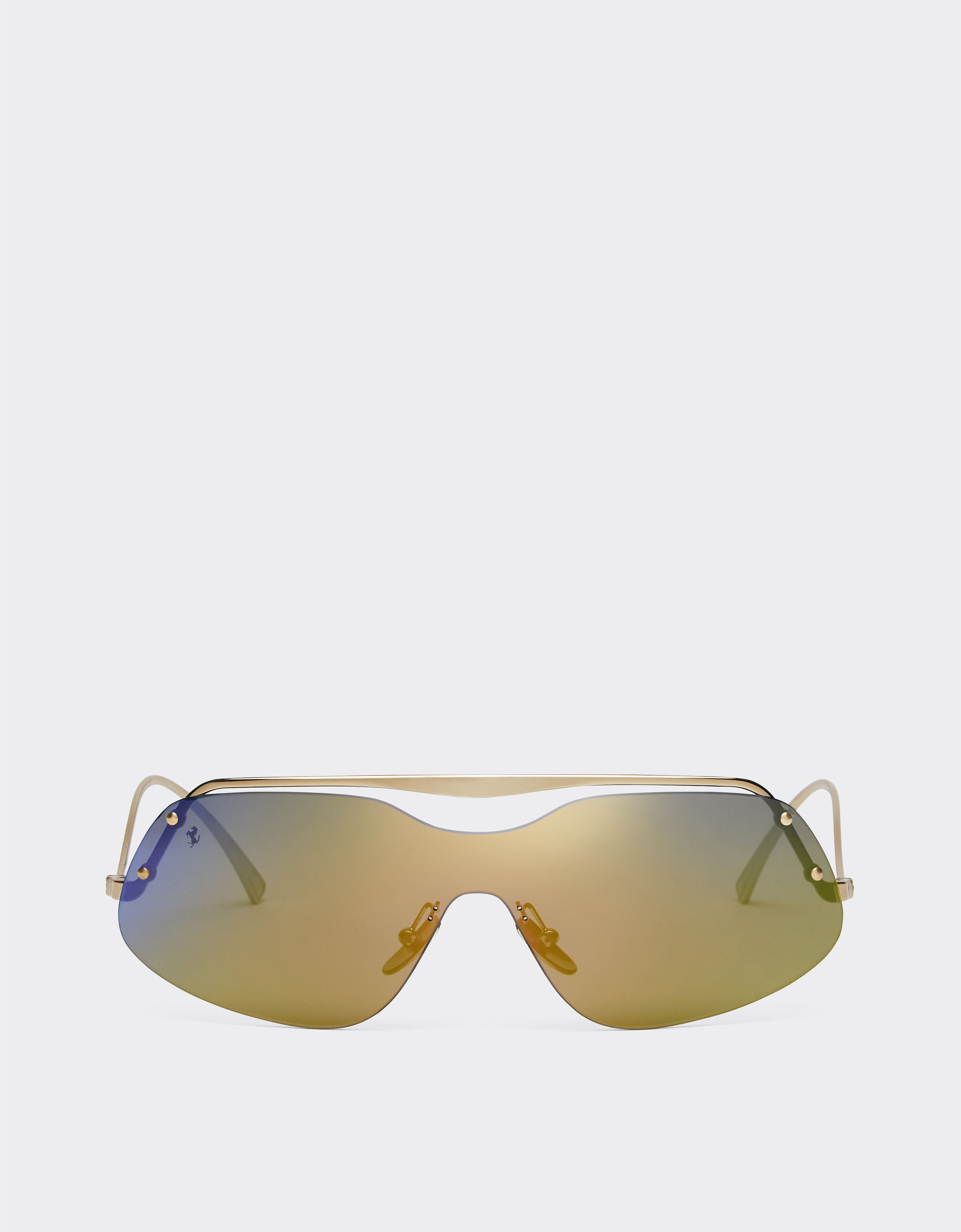 ${brand} Ferrari Sonnenbrille aus goldenem Metall mit gold-blau verspiegelten Gläsern ${colorDescription} ${masterID}