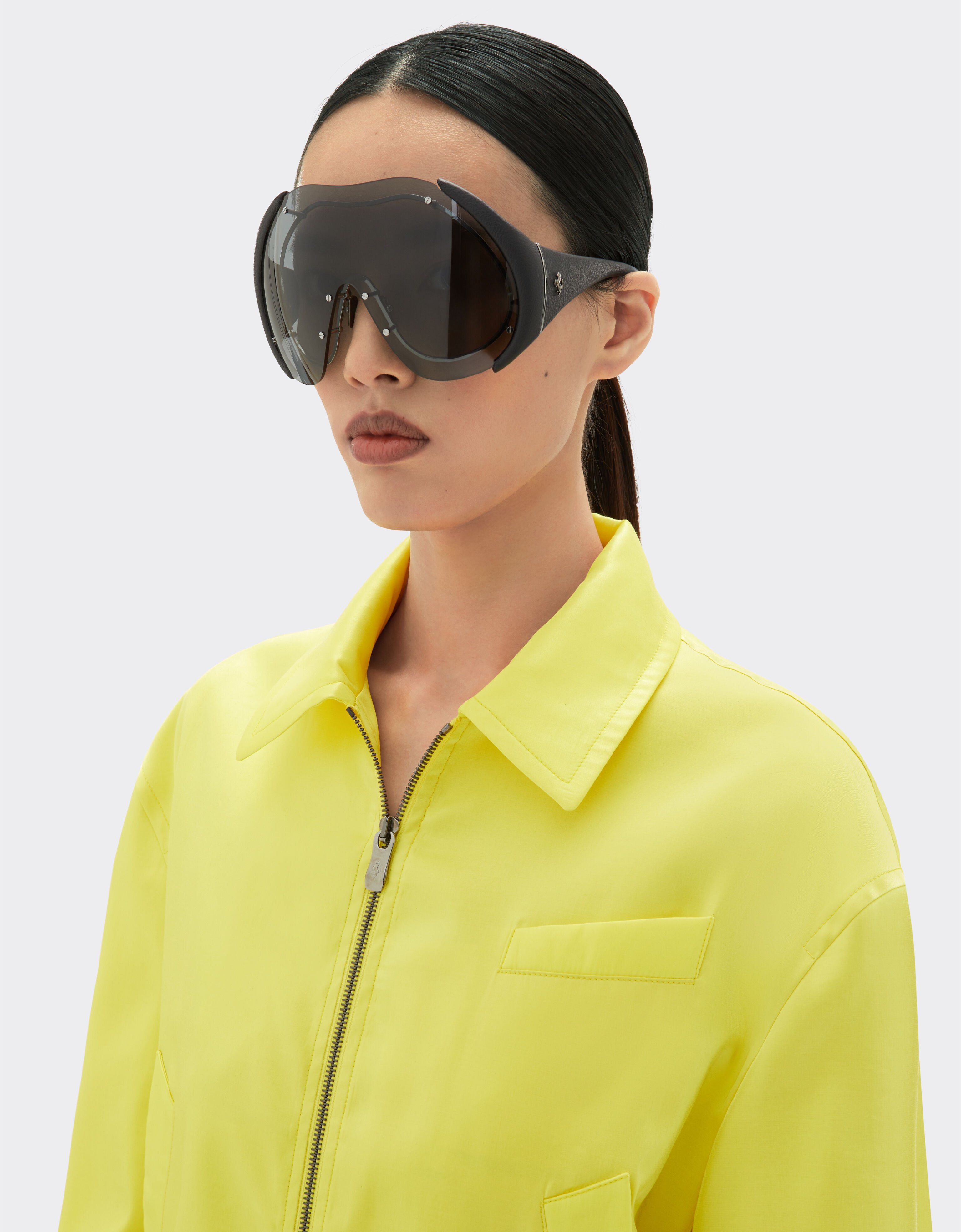 Ferrari Sunglasses in metal and black leather with dark grey shield Ingrid LA01Mf
