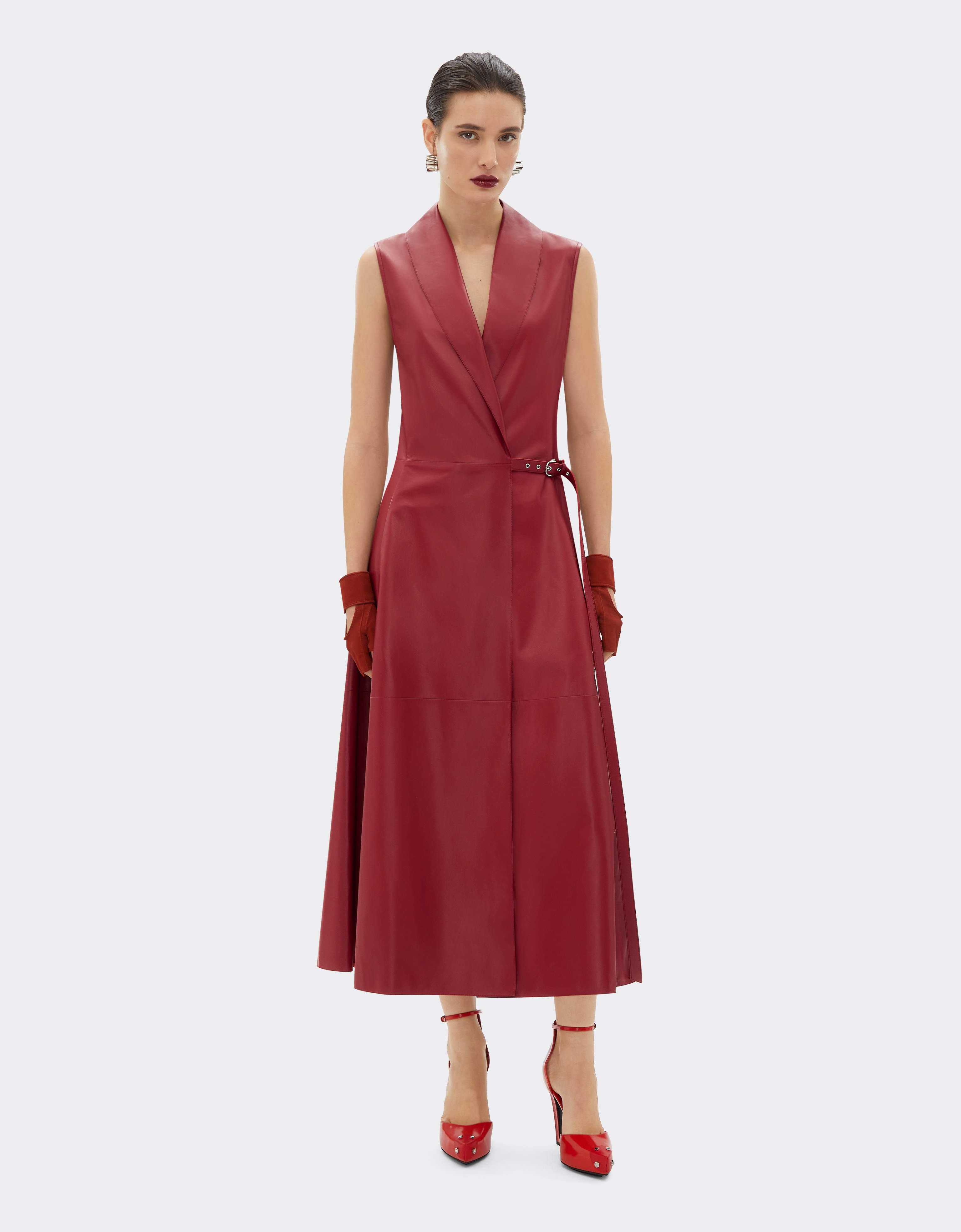 Ferrari Long Dress In Draped Nappa Leather In Maison Red