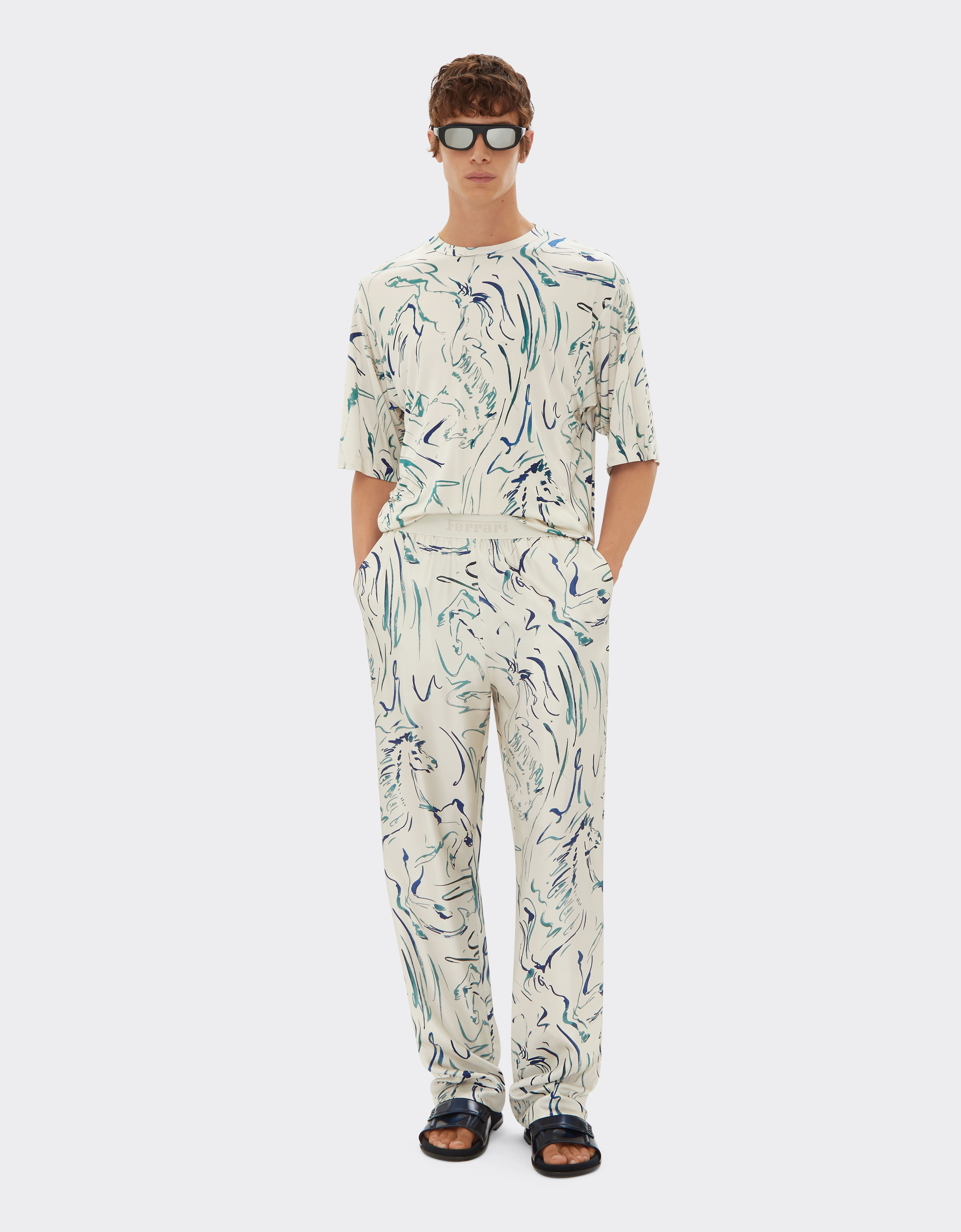 Ferrari T-shirt In Viscose Fabric With Cavallino Print In Ecru