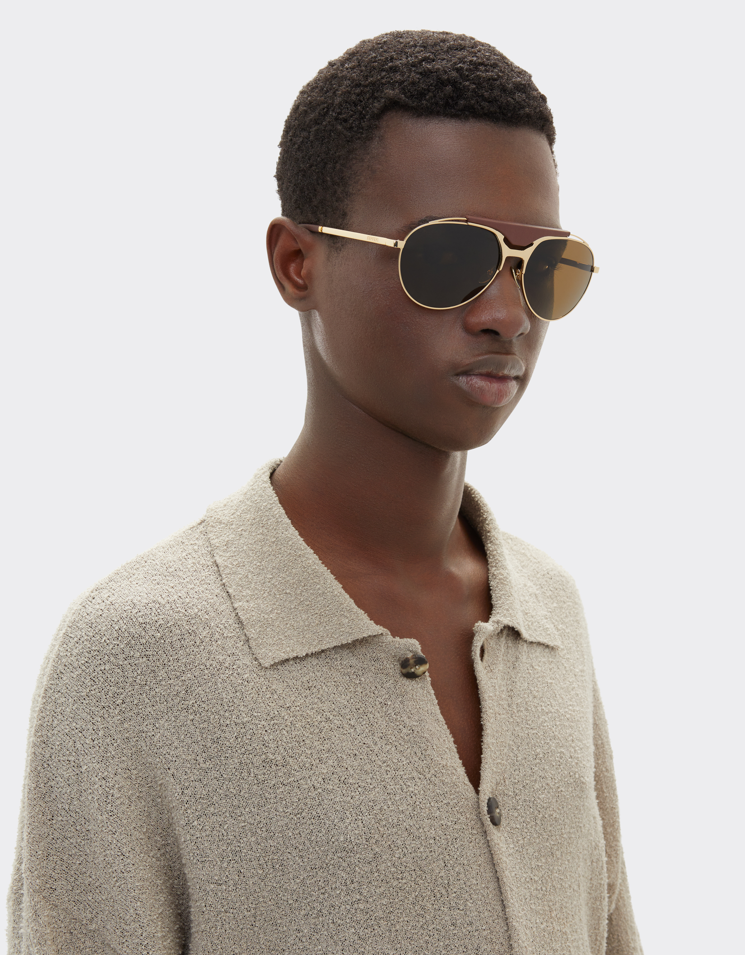 Ferrari Sunglasses In Gold-tone Metal And Leather With Polarised Brown Lenses In Satin Gold