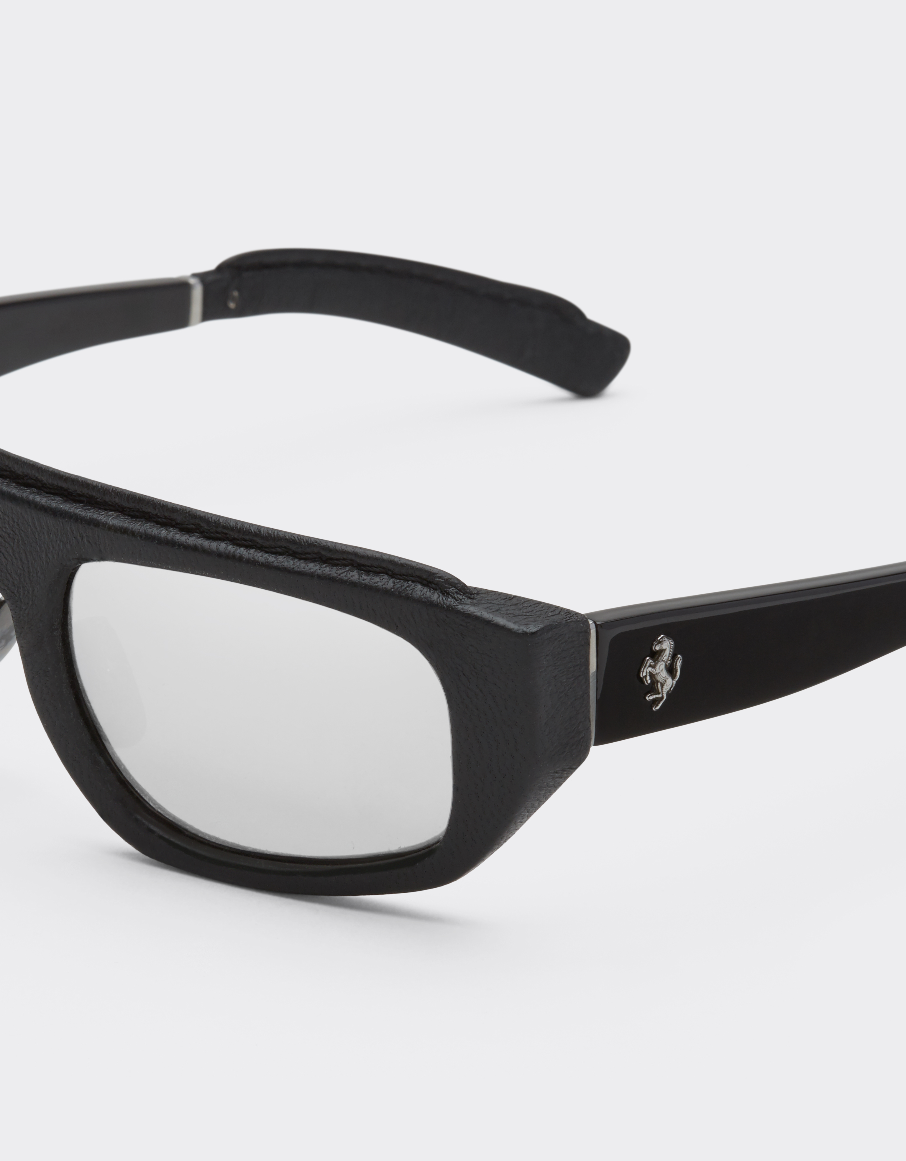 Ferrari Black  Sunglasses In Acetate And Leather With Silver Mirror Lens In Black