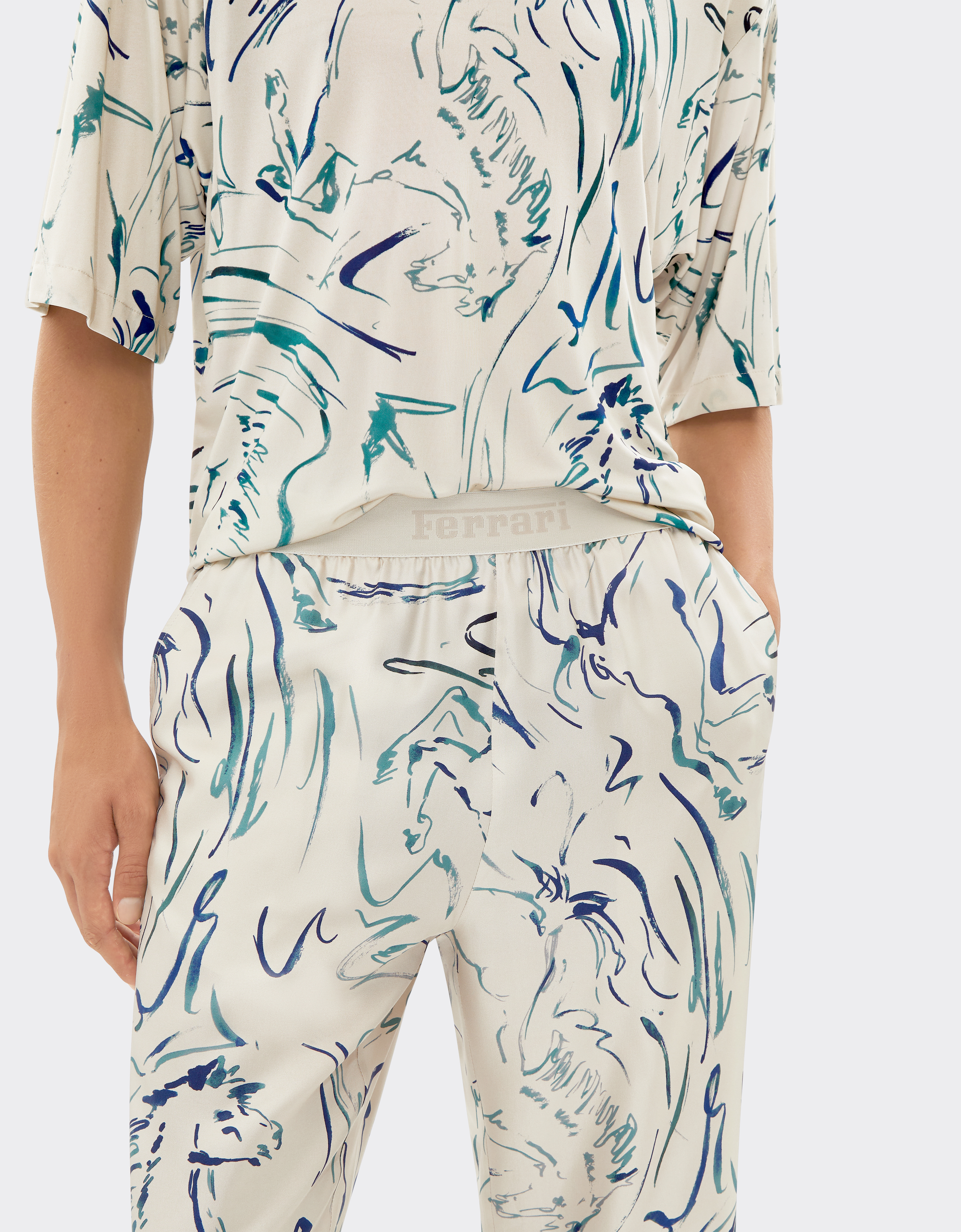 Ferrari Silk Trousers With Cavallino Print In Ecru